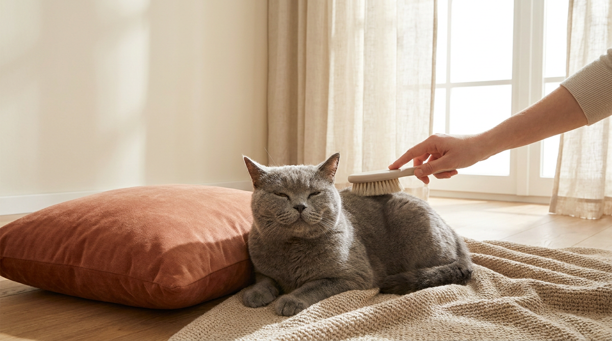 Tüy bakımı sırasında taranan British Shorthair kedi, sıcak minimalist ev ortamında