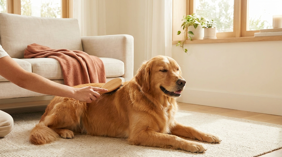 Tüyleri taranan parlak tüylü golden retriever, aydınlık sıcak ev ortamında