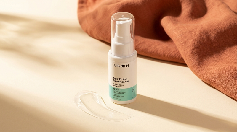Luis Bien Aqua Sun Gel SPF 50+ güneş jeli, krem zeminde altın gün ışığında jel dokusuyla