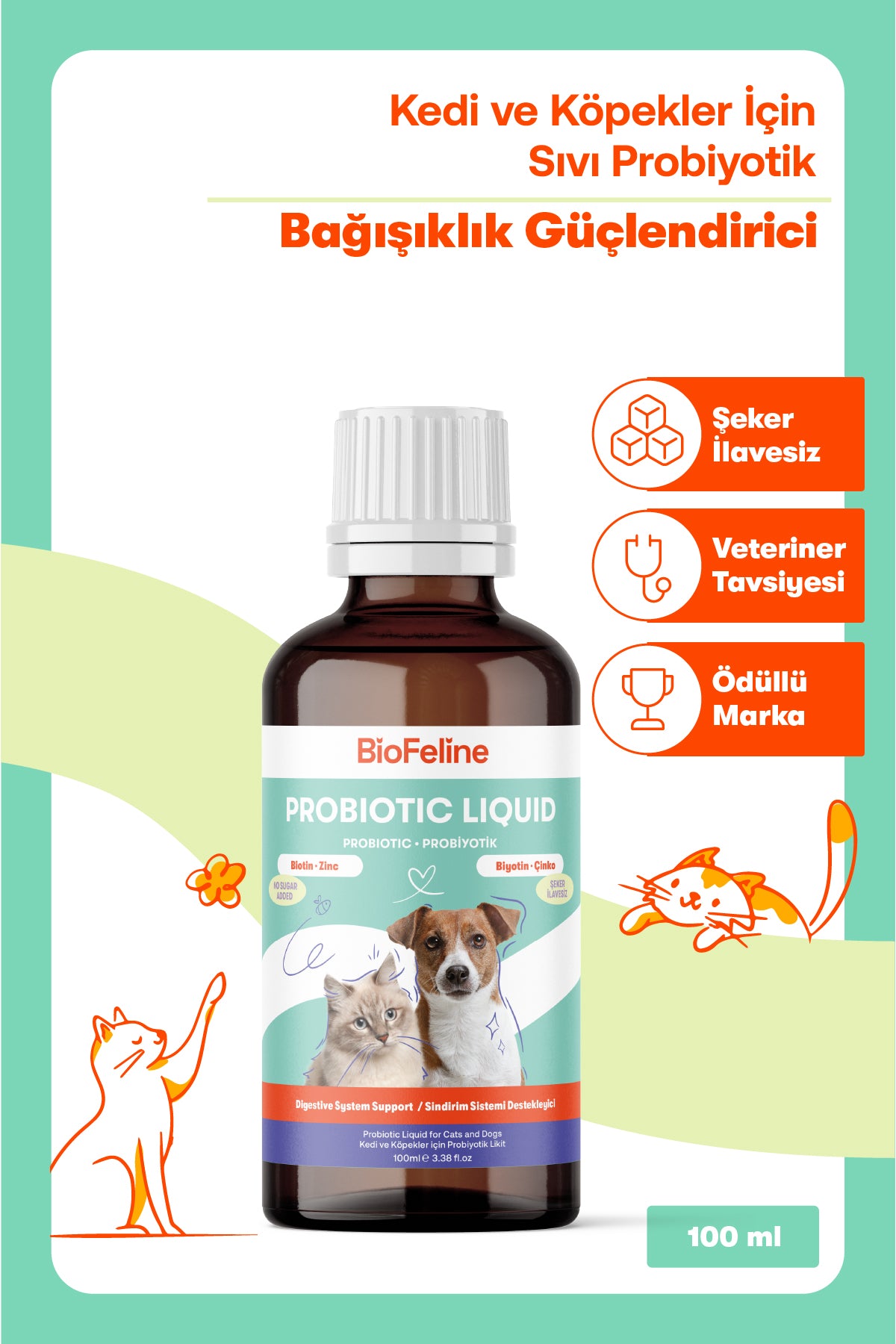 Kediler İçin Sıvı Probiyotik & Vitamin Damla | Sindirim, Bağışıklık ve Tüy Desteği | 50ml