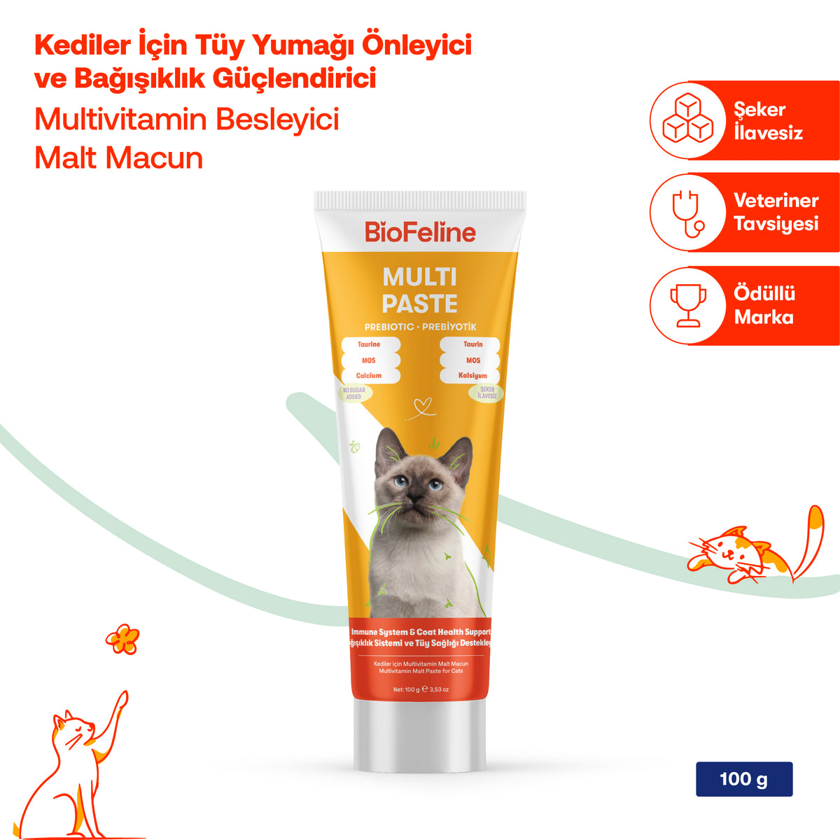 Kediler İçin Tüy Yumağı & Bağışıklık Destek Macunu 100 g | BioFeline
