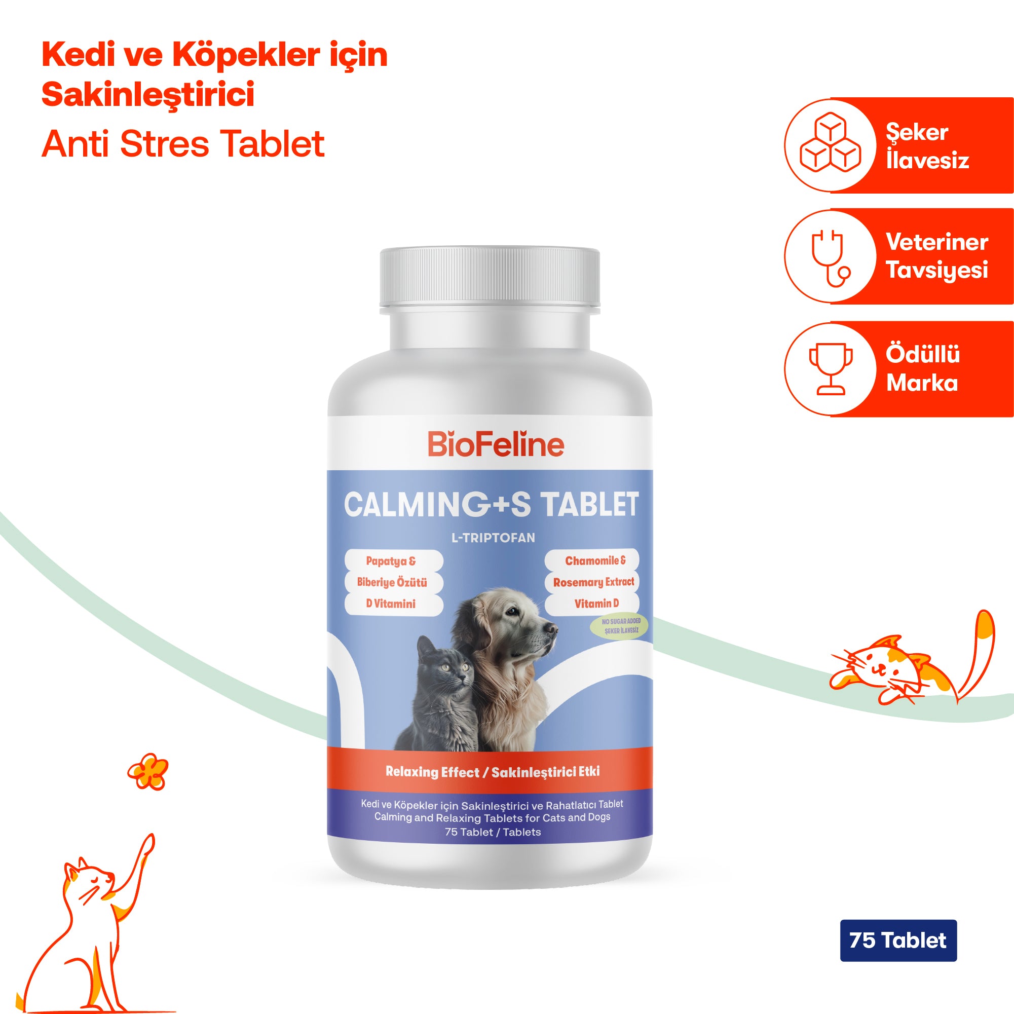 Kedi & Köpekler İçin Bitkisel Sakinleştirici Tablet | Calm+ Anti-Stres Desteği | 75 Tablet