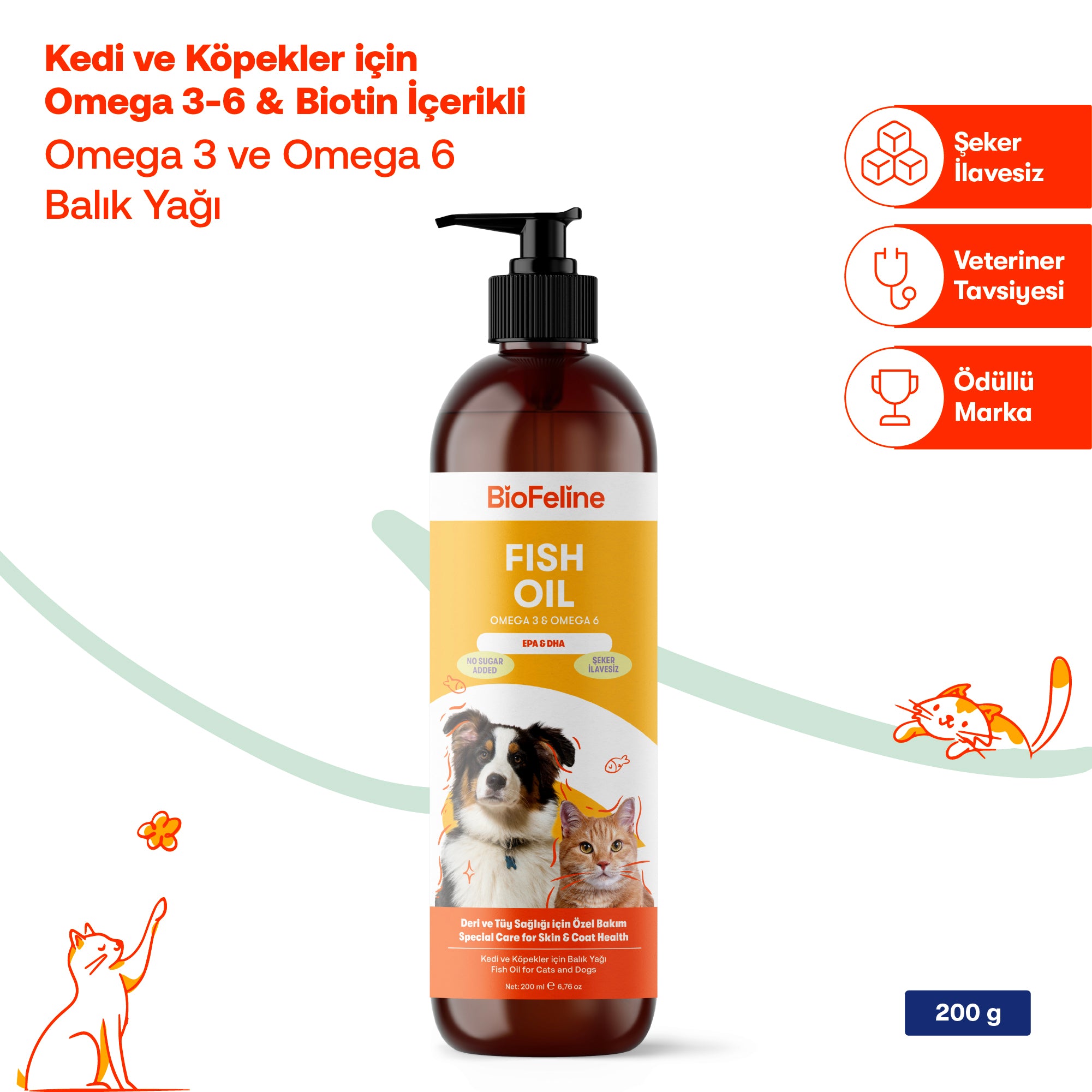 Kedi & Köpekler İçin Balık Yağı + Tablet Probiyotik Set | Omega 3-6 & Sindirim Desteği | 200ml + 60tb