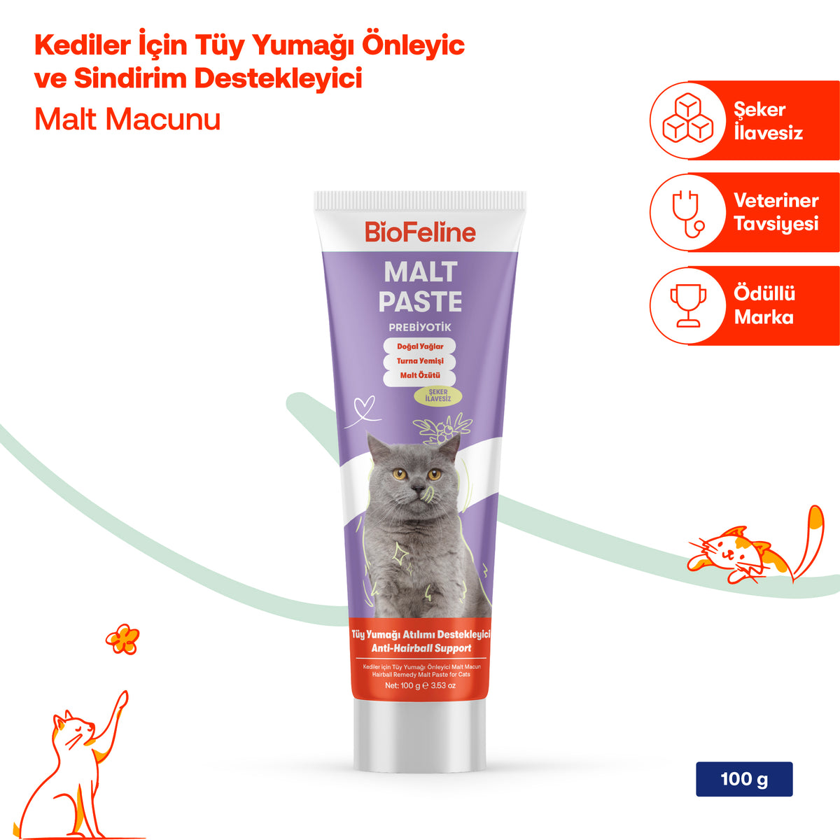 Kediler İçin Tüy Yumağı Önleyici Malt Macunu 100 g | BioFeline