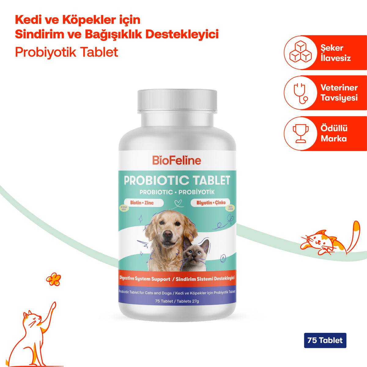Kedi & Köpek İçin Tablet Probiyotik – Sindirim ve Bağışıklık Desteği, 25 Adet | BioFeline