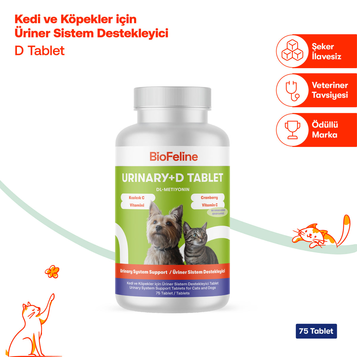 Kedi & Köpek İçin Üriner Destek Tableti – İdrar Yolu Konforu, 75 Adet | BioFeline