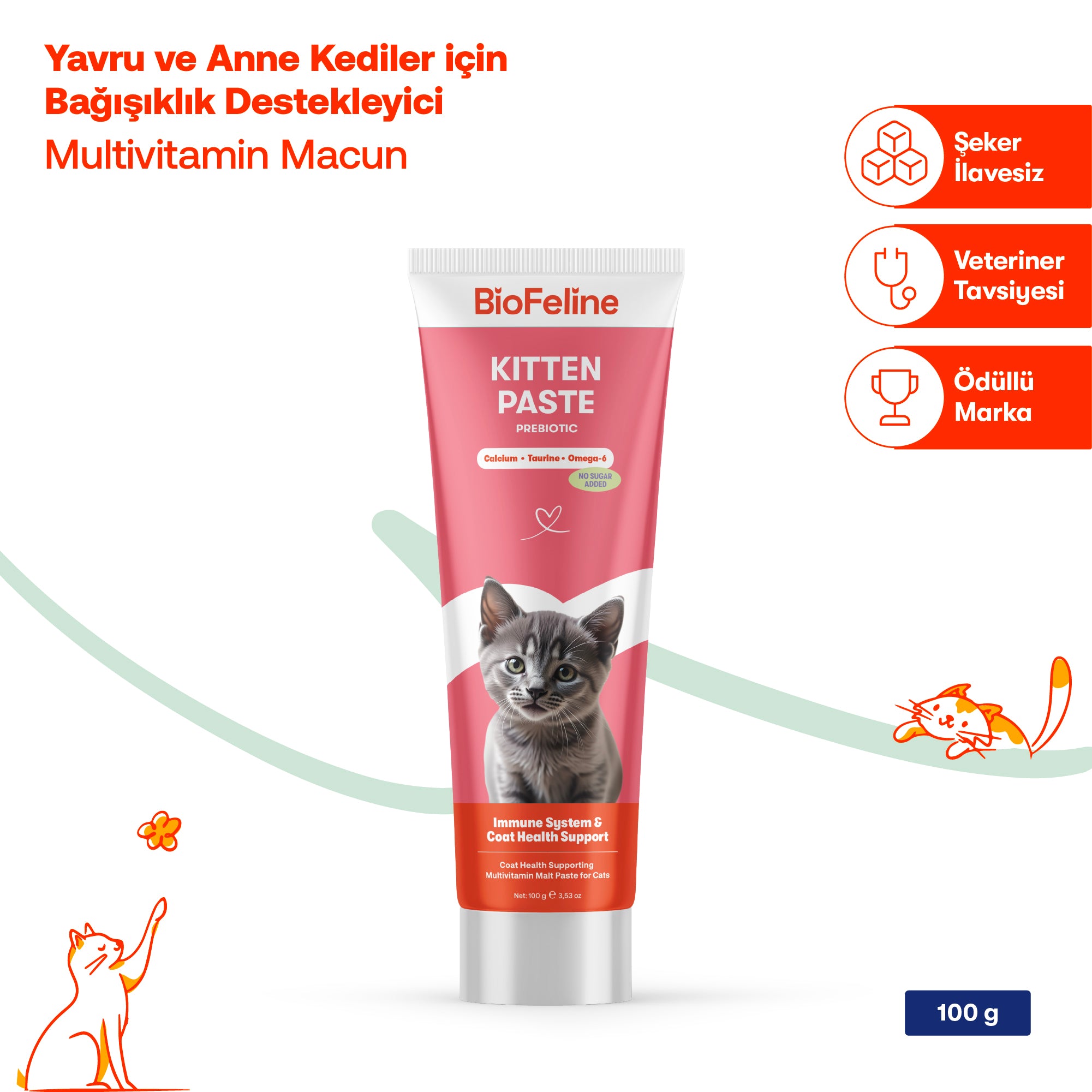 Yavru ve Anne Kediler İçin Multivitamin Macun | Bağışıklık, Kemik ve Tüy Desteği | 100g