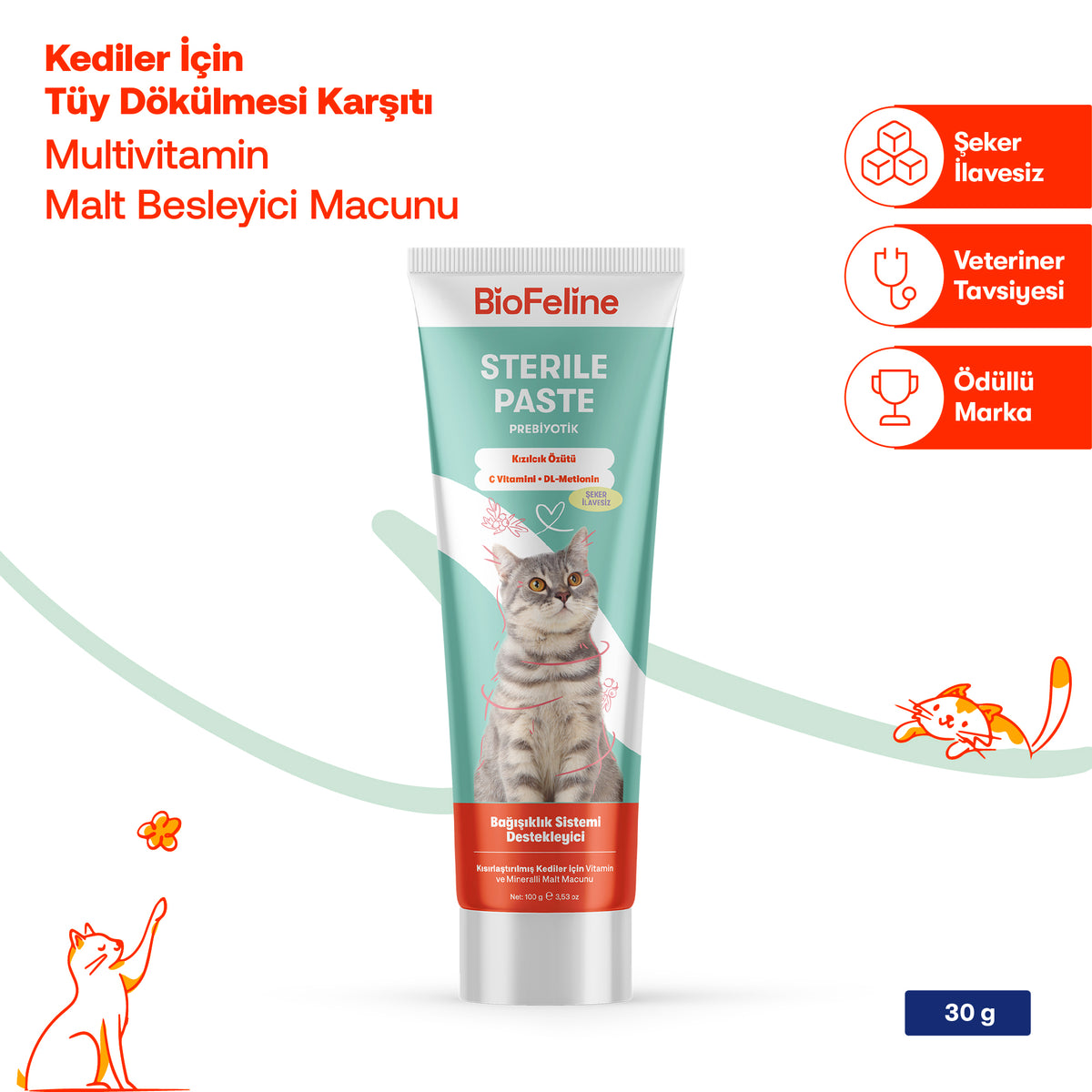 Kısır Kediler İçin Tüy Yumağı & Sindirim Multivitamin Malt Macunu 100 g | BioFeline