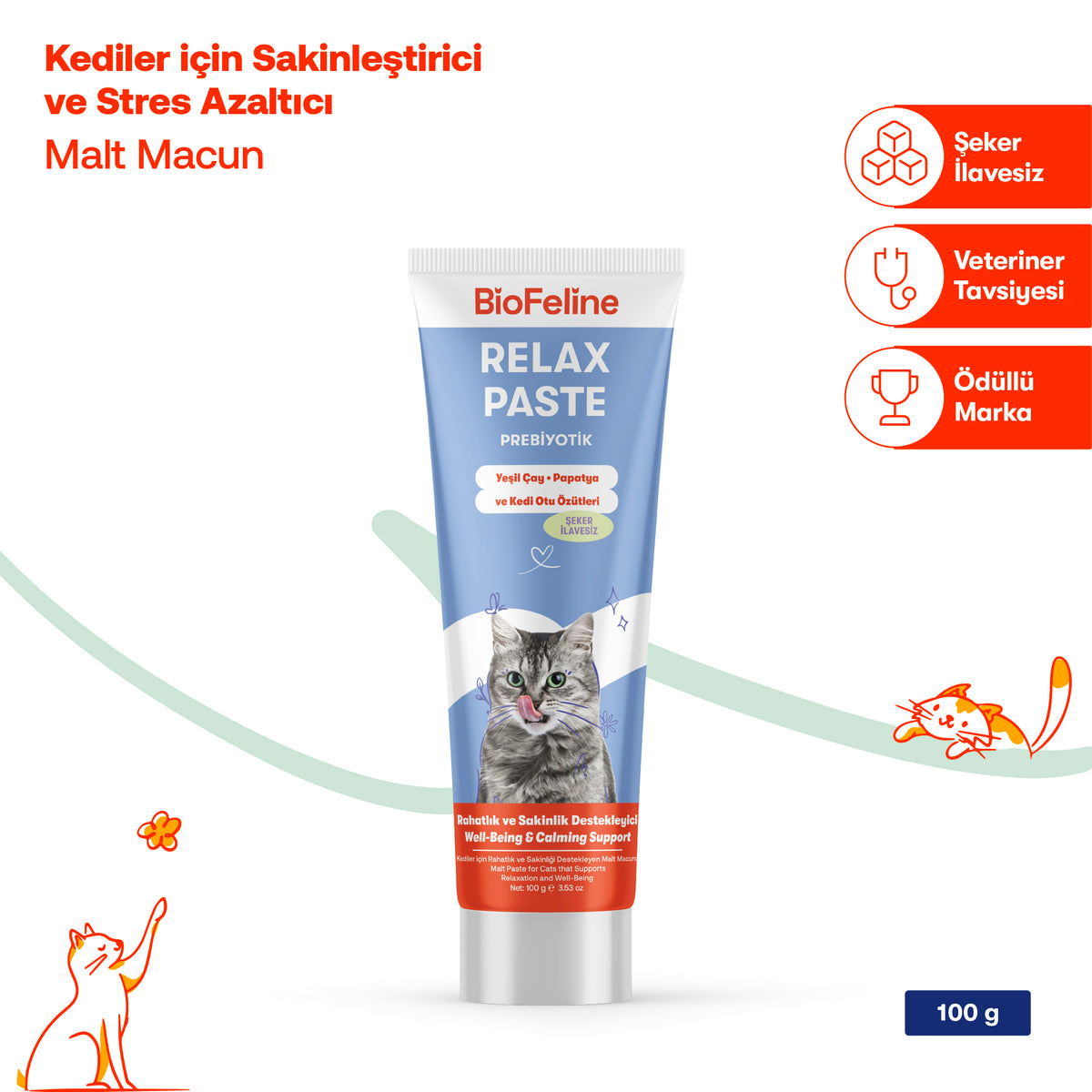 Kediler İçin Sakinleştirici Macun 100 g – Stres ve Huzursuzluk Azaltıcı | BioFeline