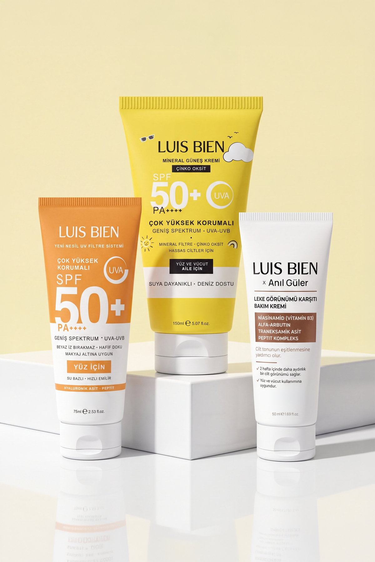 Luis Bien X Anıl Güler 3'lü Komple Set - Su Bazlı Güneş Kremi 75 ml + Çinko Oksit Mineral 150 ml + Leke Karşıtı Krem Spf 50+ Pa++++