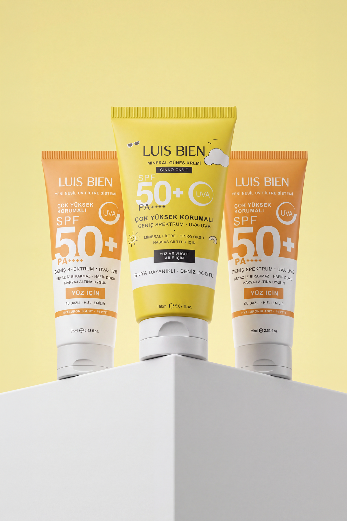 Luis Bien X Anıl Güler Güneş Kremi 3'lü Set Spf 50+ Pa++++ 2 Adet Su Bazlı 75 ml + 1 Adet Çinko Oksit Mineral 150 ml