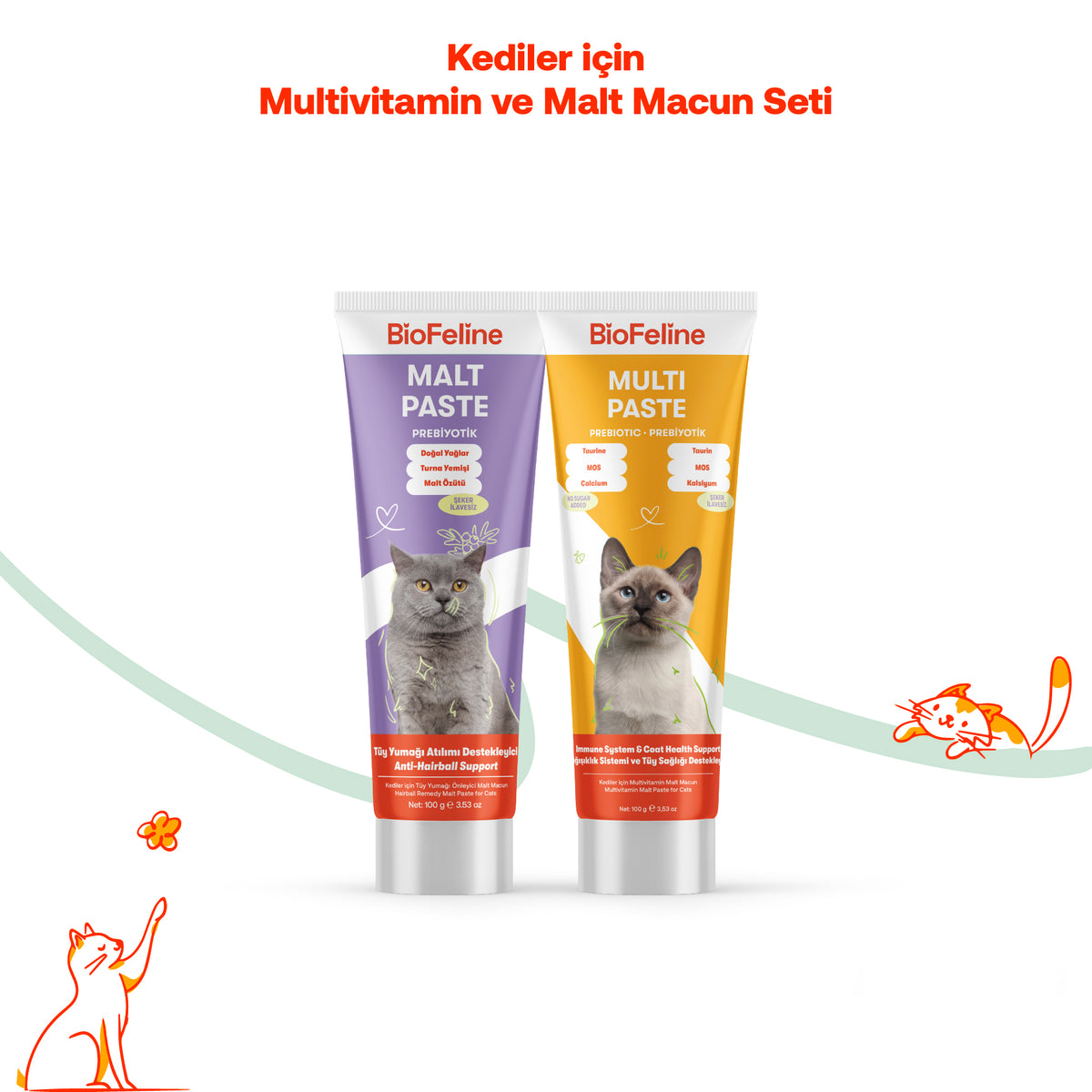 Kediler İçin Tüy Yumağı & Sindirim Destek Seti – Multivitamin Malt | BioFeline