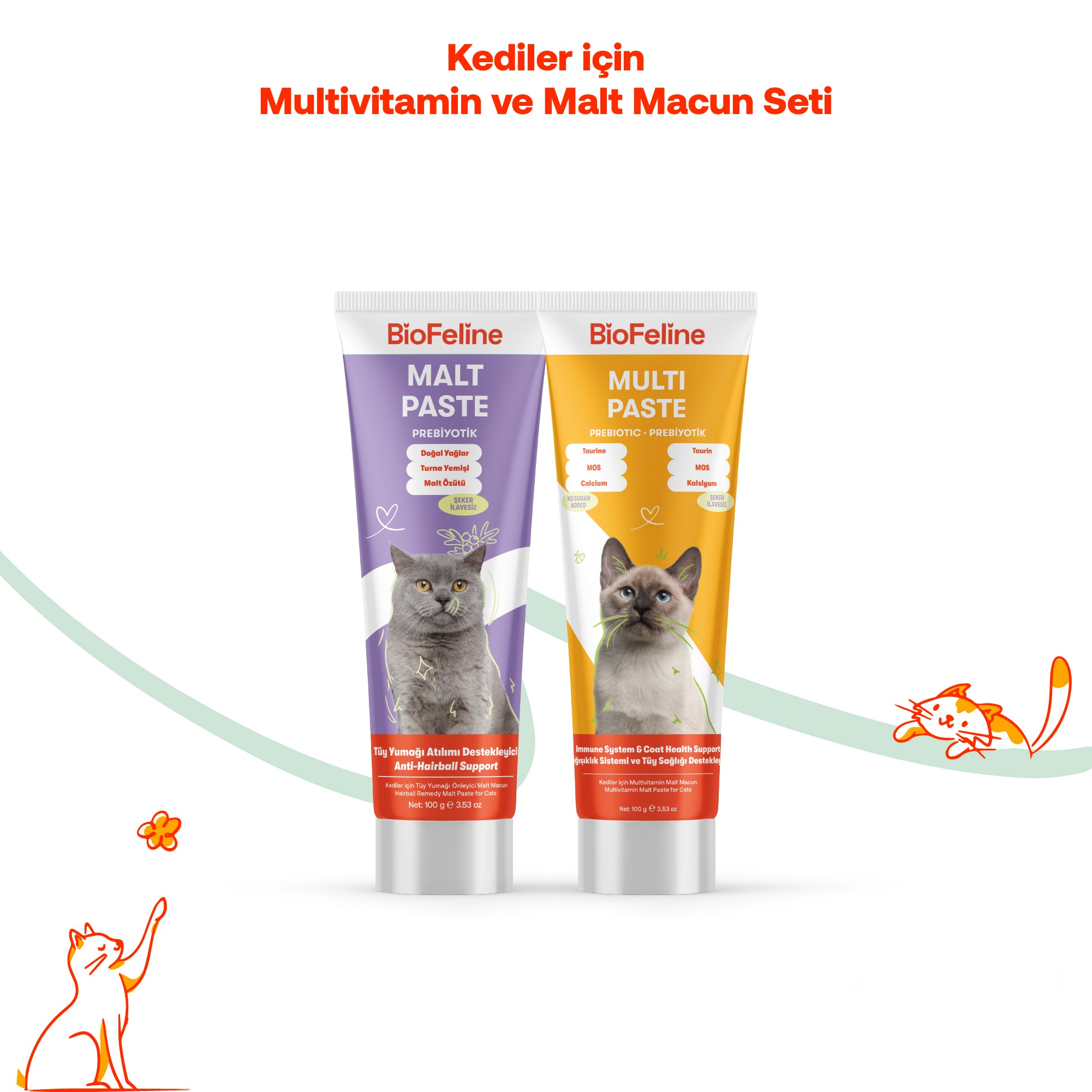 Kedi Macun Seti | Multivitamin + Tüy Yumağı Önleyici Malt Macunu | 2x100g