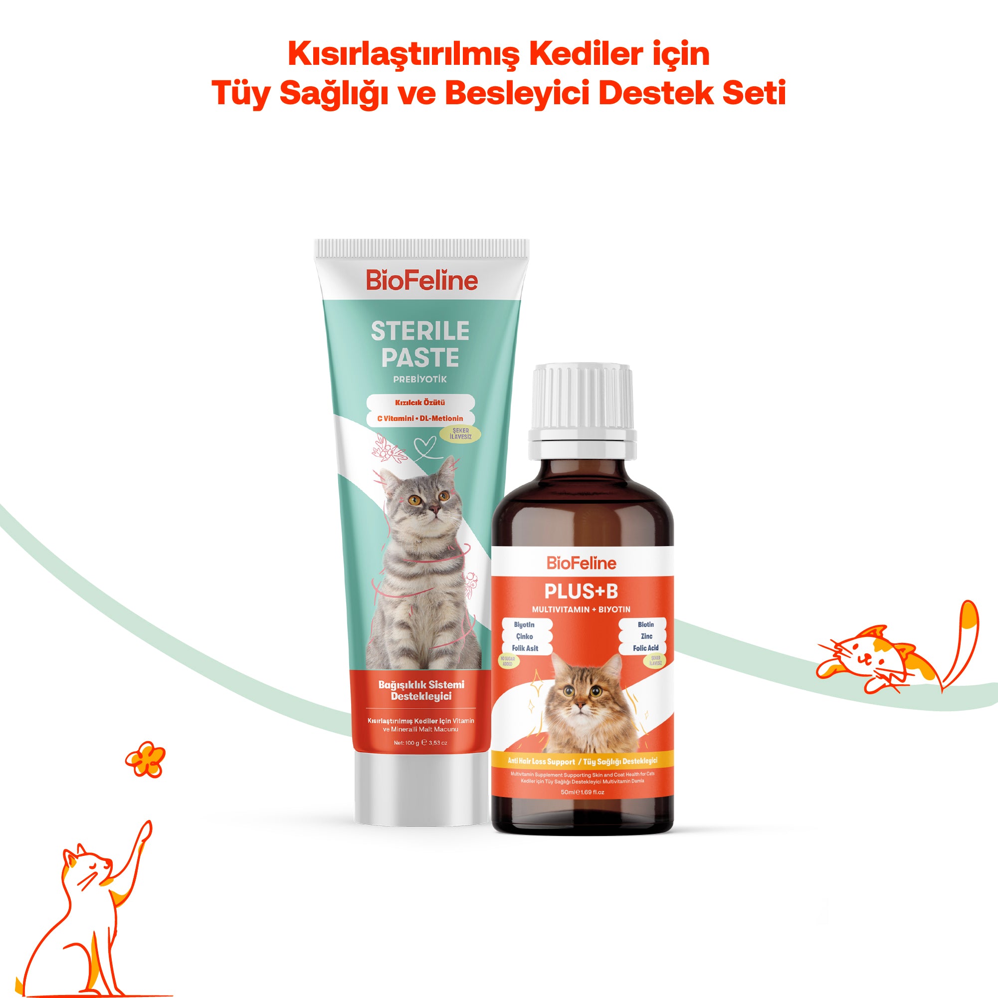 Kısır Kediler İçin Tüy ve Bağışıklık Vitamin Seti | Sterile Macun + Plus B Damla | 100g + 50ml