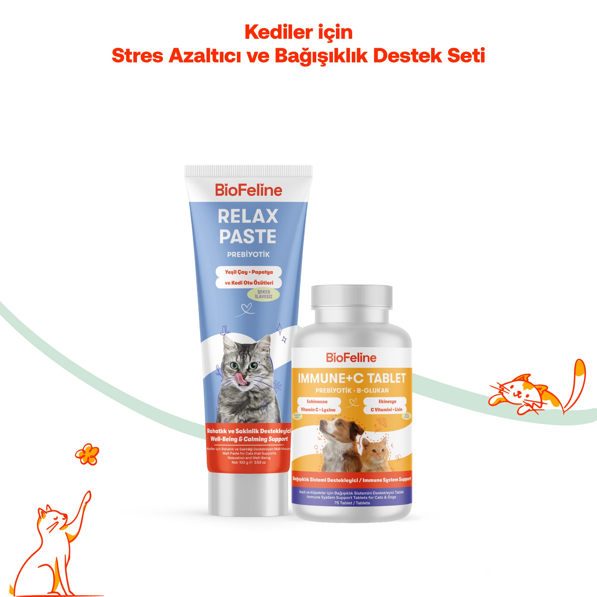 Kediler İçin Stres ve Bağışıklık Desteği Seti | Relax Paste + Immune+C Tablet | 100g + 75 Tablet