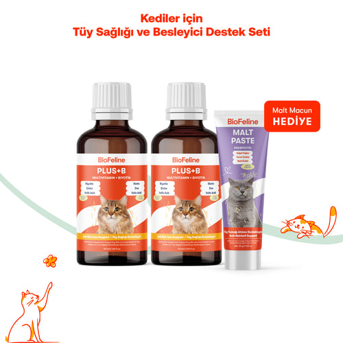Kediler İçin Tüy Kalitesi Destek Seti – Biotin Damla + Malt Macunu | BioFeline