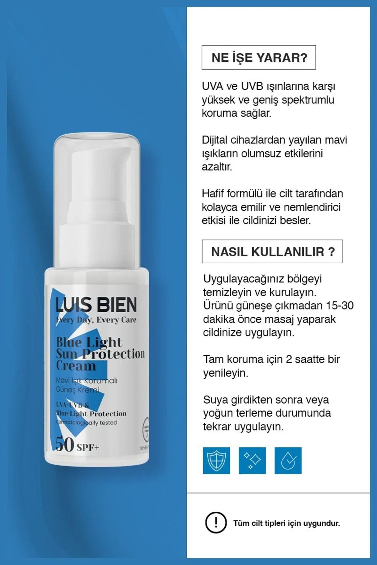 Luis Bien SPF 50+ Yüz Güneş Kremi – Mavi Işık Korumalı, Yağsız 50 ml