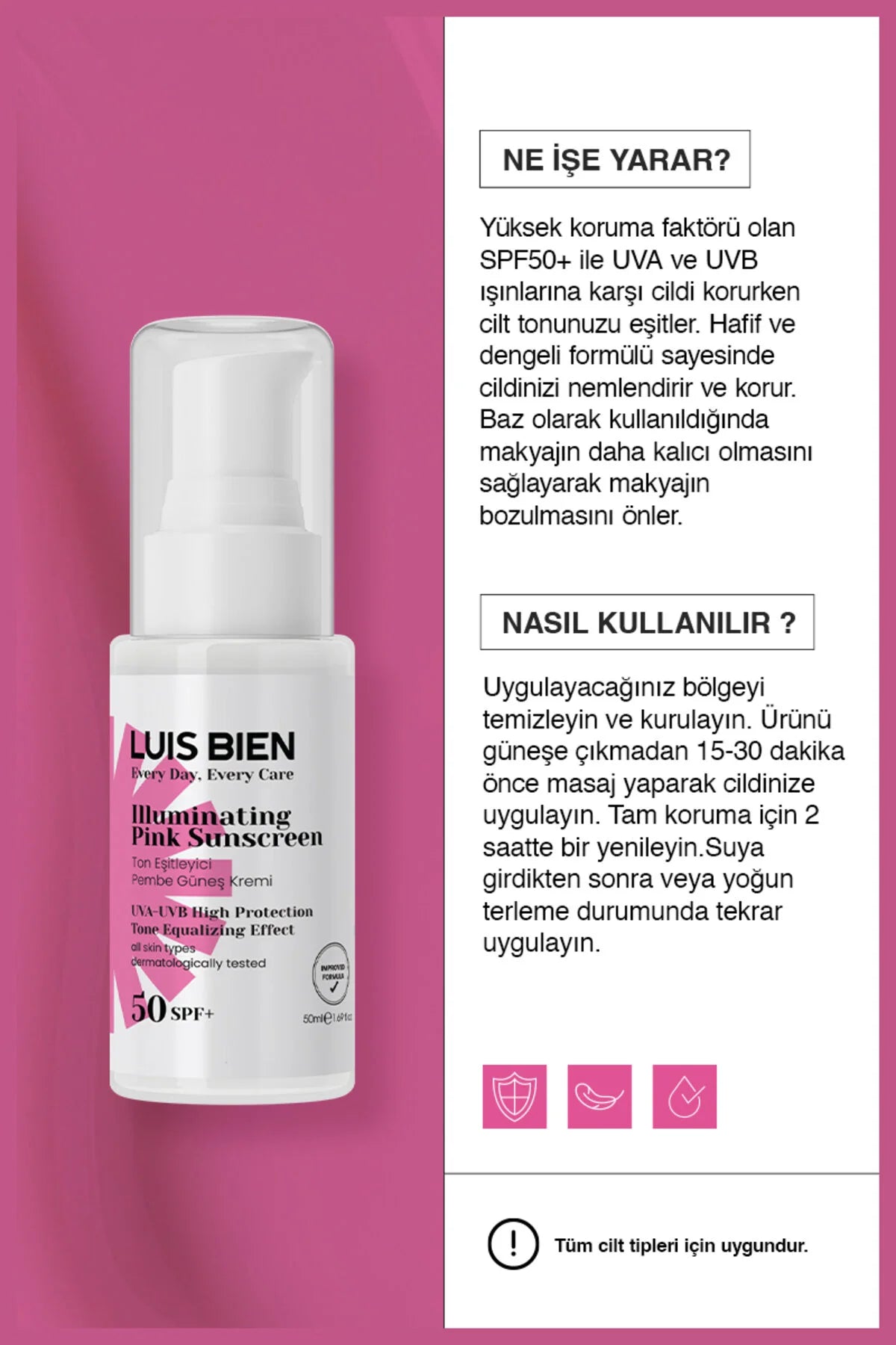 Luis Bien Pembe SPF 50+ Ton Eşitleyici Güneş Kremi 50 ml