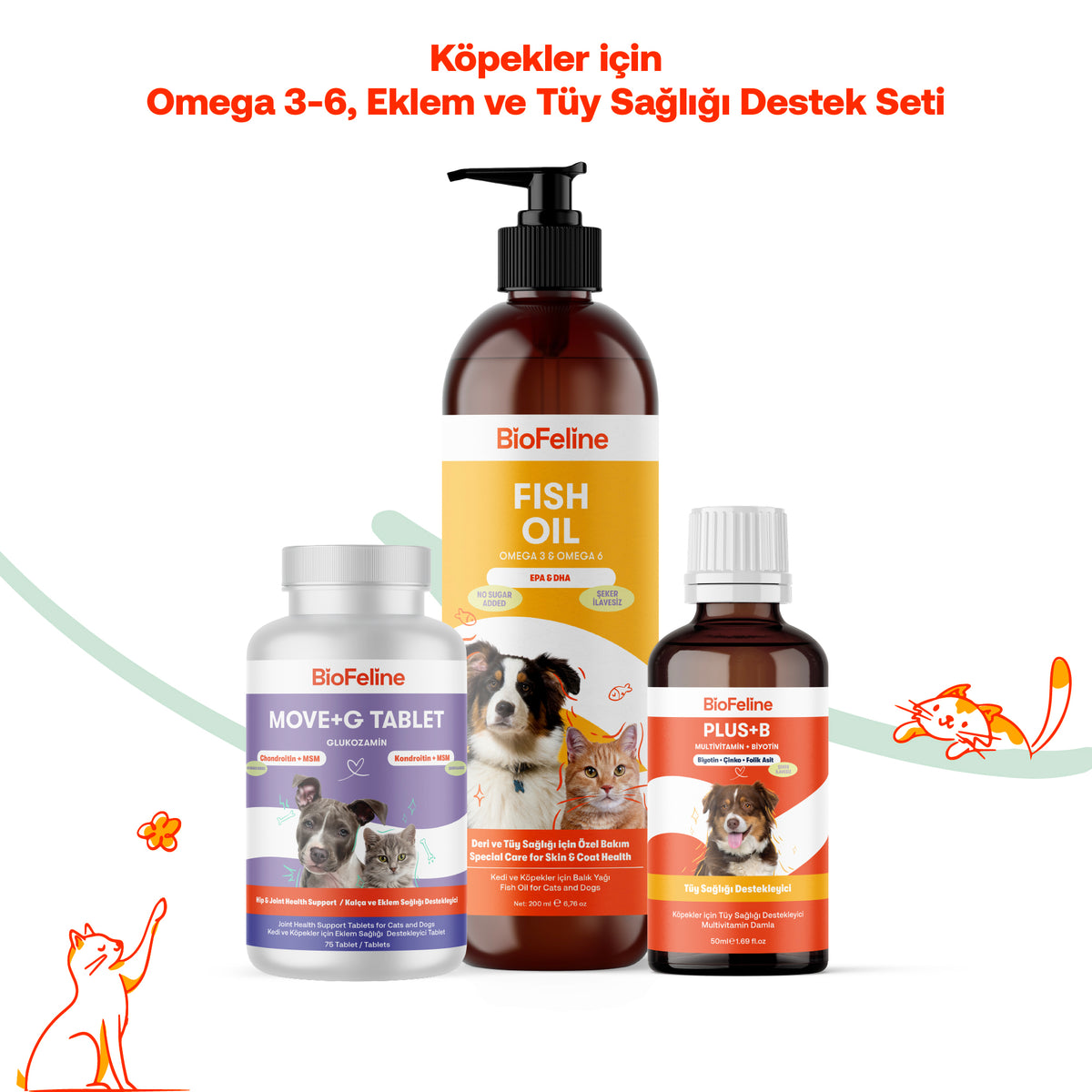 Köpekler İçin Eklem & Tüy Sağlığı Tablet Seti – Omega + Glukozamin | BioFeline