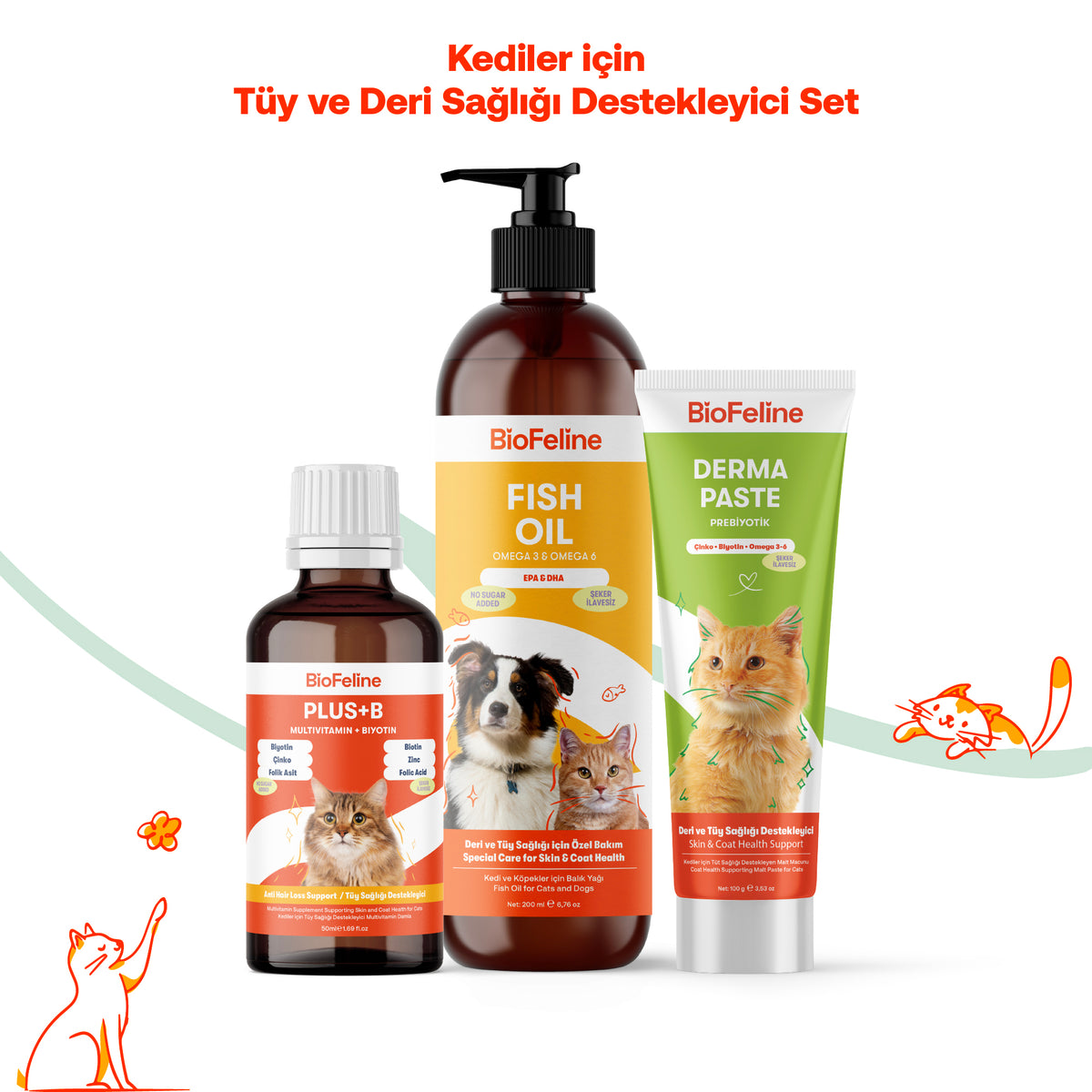 Kediler İçin Yoğun Tüy Dökülmesi Karşıtı Parlaklık Seti – Balık Yağı + Derma Malt | BioFeline