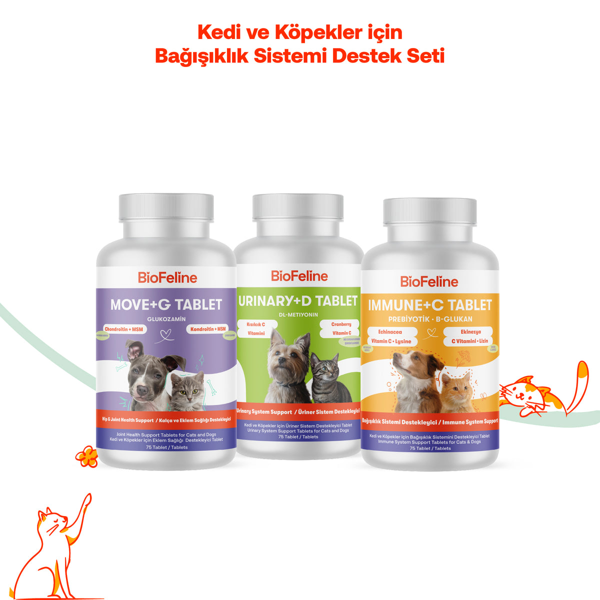 Kedi & Köpek Eklem, İdrar Yolu ve Bağışıklık Destek Tablet Seti | BioFeline