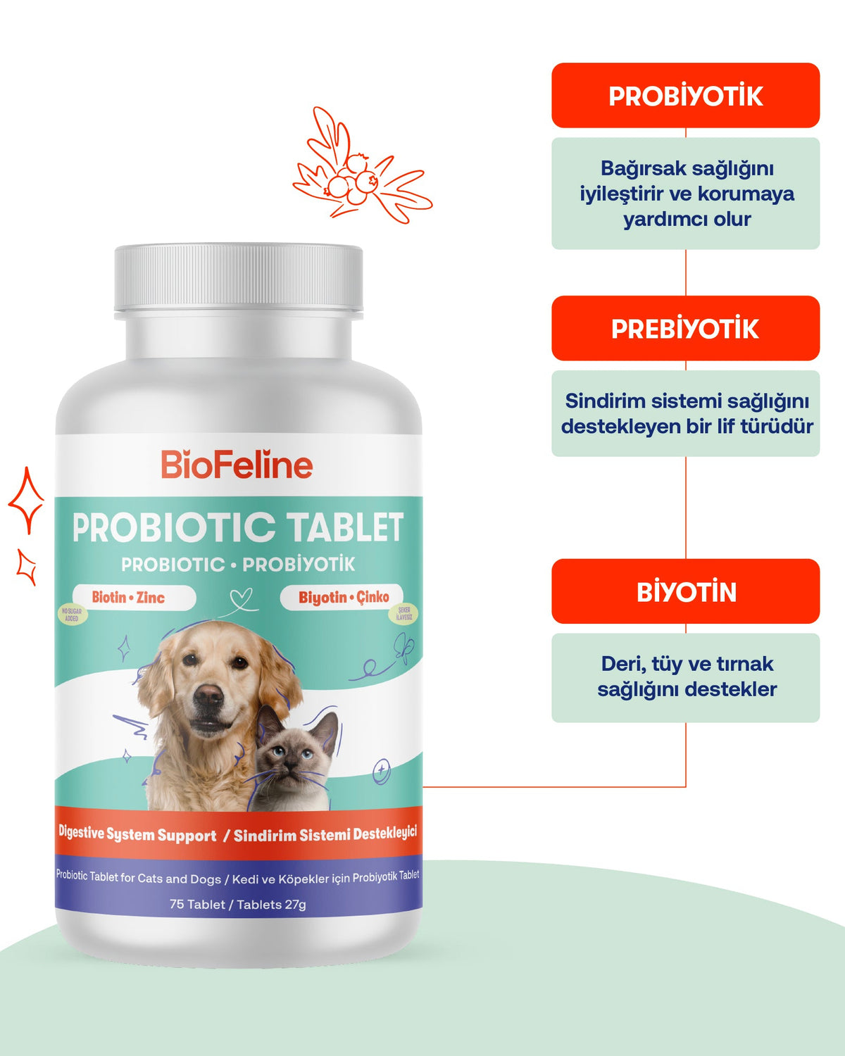 Kedi & Köpek İçin Tablet Probiyotik – Sindirim ve Bağışıklık Desteği, 25 Adet | BioFeline