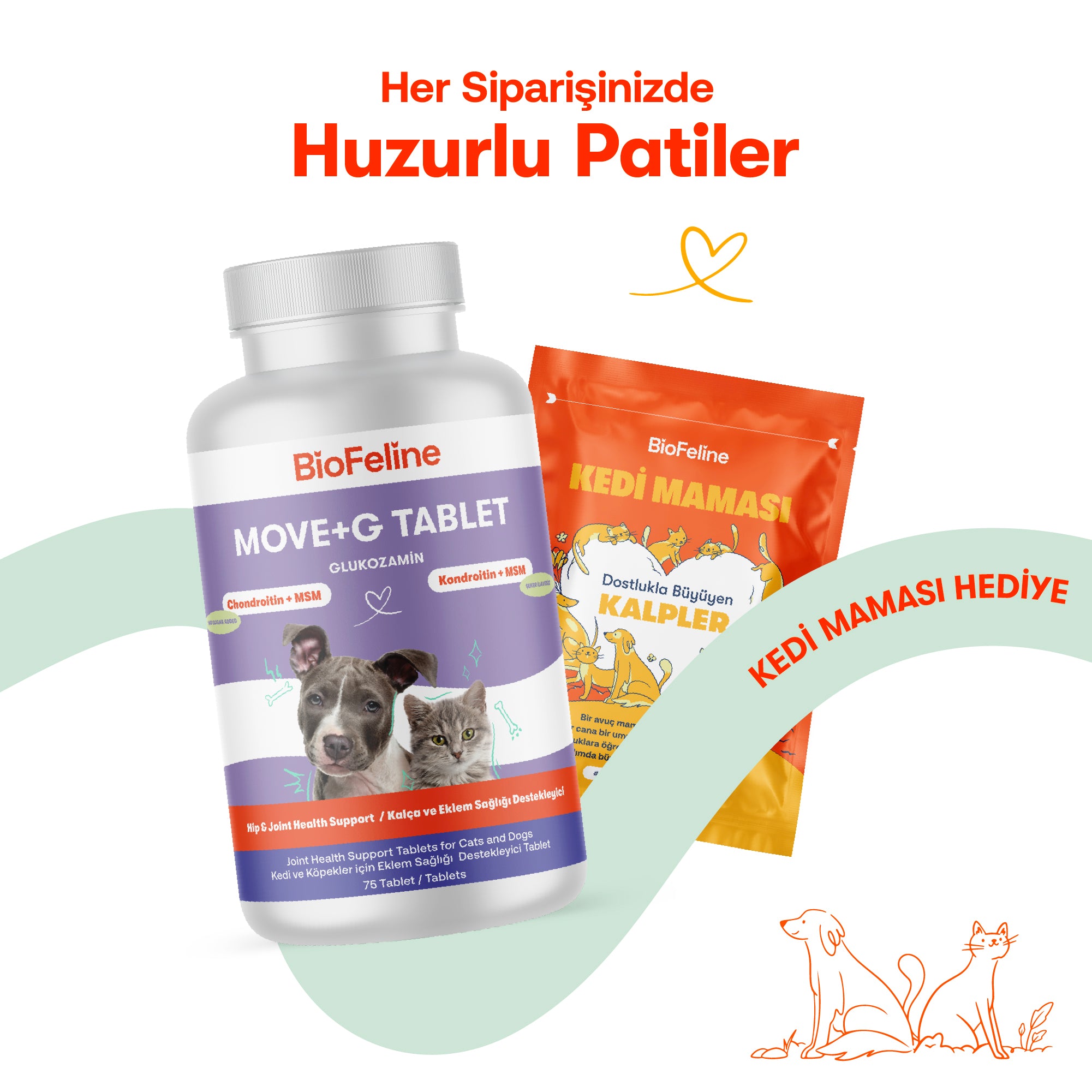Kedi & Köpekler İçin Glukozamin Tablet | Eklem, Kas ve Kıkırdak Desteği | MSM + C Vitamini + Hyaluronik Asit | 75 Tablet