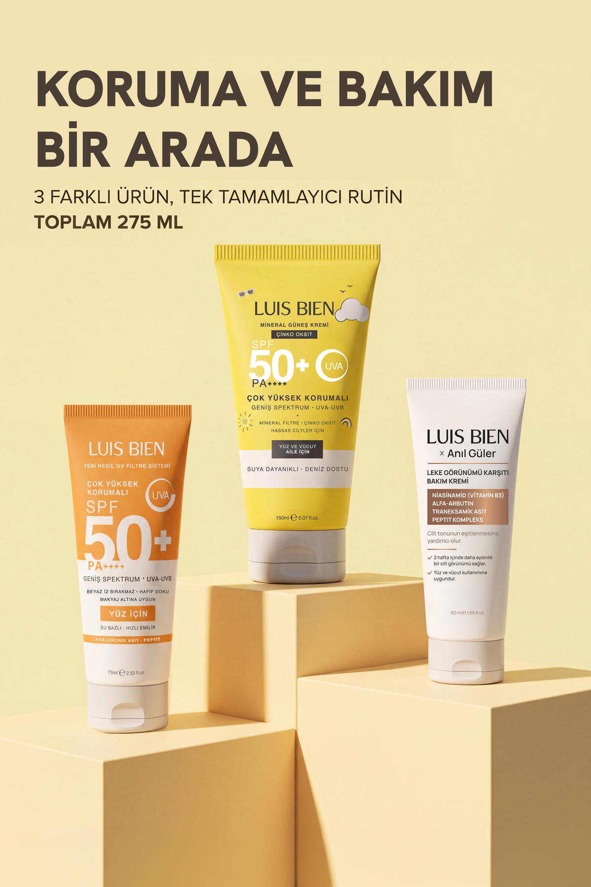 Luis Bien X Anıl Güler 3'lü Komple Set - Su Bazlı Güneş Kremi 75 ml + Çinko Oksit Mineral 150 ml + Leke Karşıtı Krem Spf 50+ Pa++++