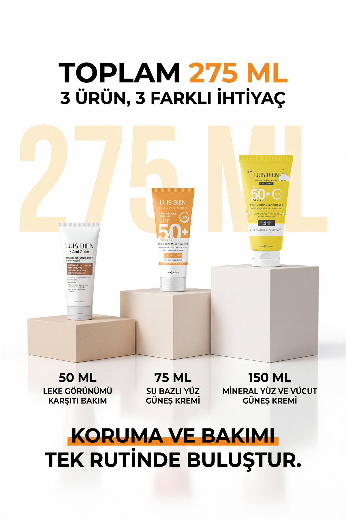 Luis Bien X Anıl Güler 3'lü Komple Set - Su Bazlı Güneş Kremi 75 ml + Çinko Oksit Mineral 150 ml + Leke Karşıtı Krem Spf 50+ Pa++++