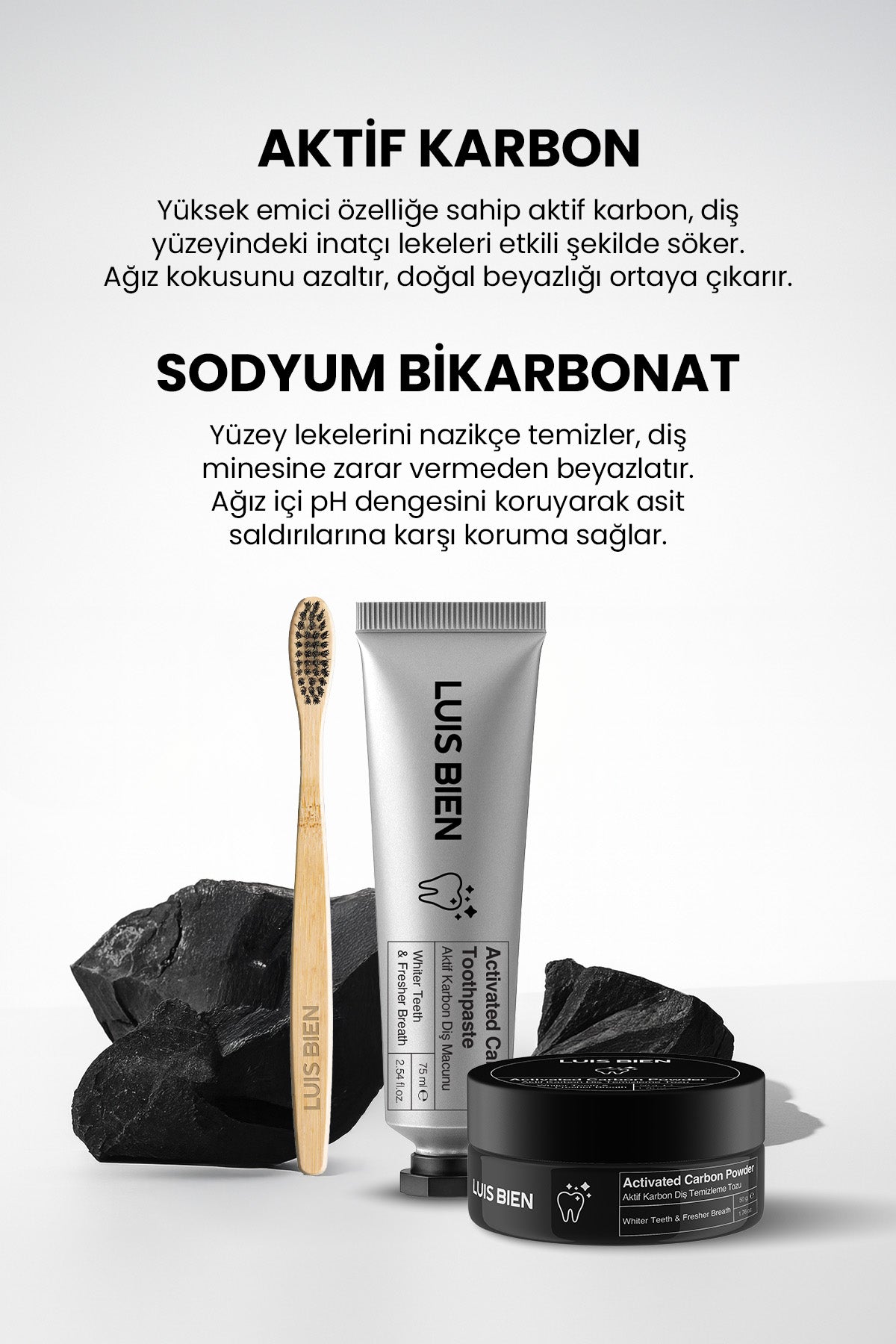 Luis Bien Aktif Karbon Diş Beyazlatma Seti – Macun + Toz + Bambu Fırça