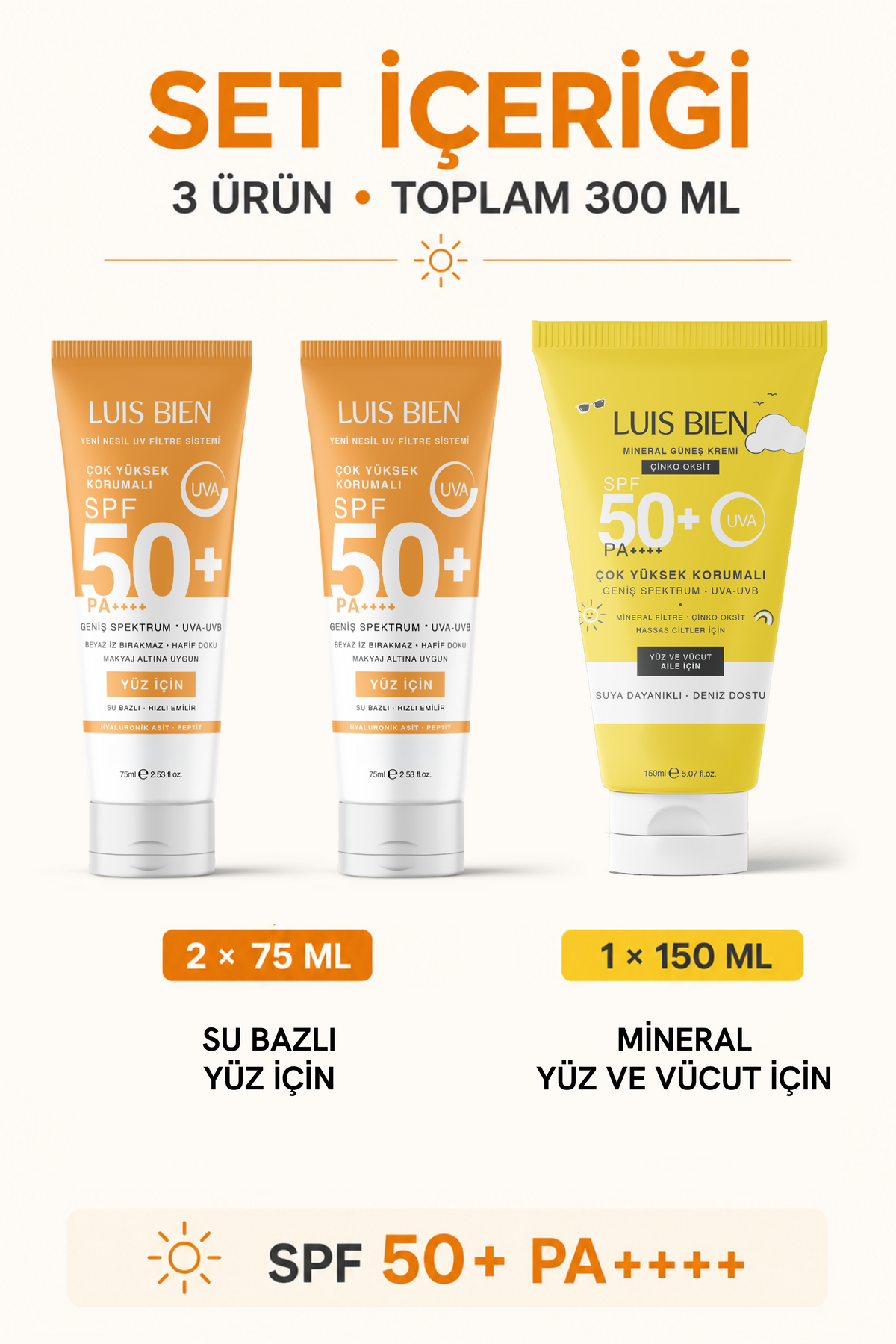 Luis Bien X Anıl Güler Güneş Kremi 3'lü Set Spf 50+ Pa++++ 2 Adet Su Bazlı 75 ml + 1 Adet Çinko Oksit Mineral 150 ml