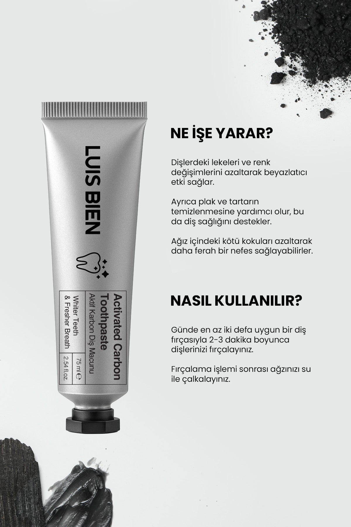 Luis Bien Aktif Karbon Diş Beyazlatma Seti – Macun + Toz + Bambu Fırça