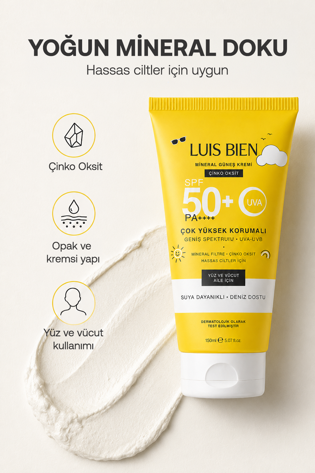 Luis Bien × Anıl Güler Mineral Güneş Kremi SPF 50+ PA++++ | Çinko Oksit, Yüz ve Vücut (150 ml)