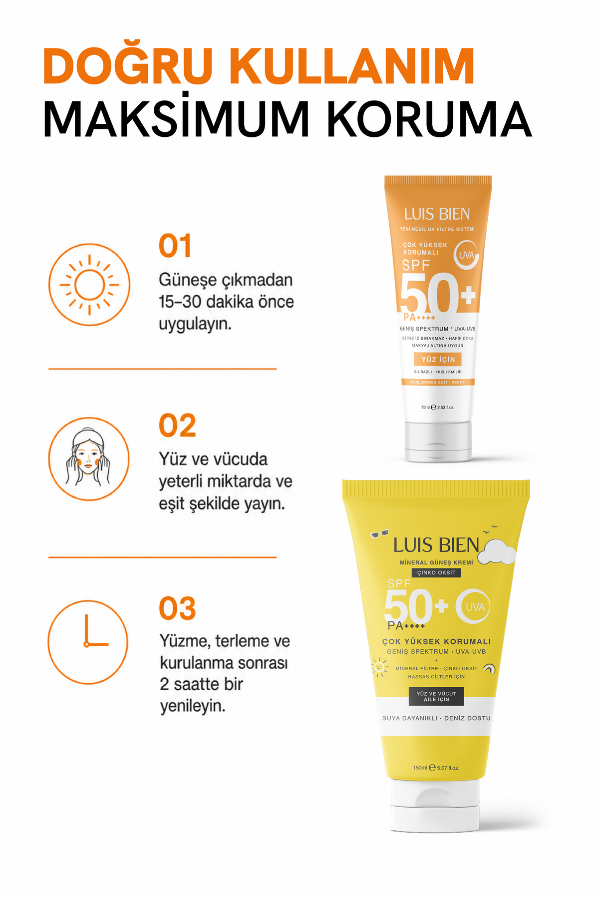 Luis Bien X Anıl Güler Güneş Kremi 2'li Karma Set Spf 50+ Pa++++ Su Bazlı 75 ml + Çinko Oksit Mineral 150 ml
