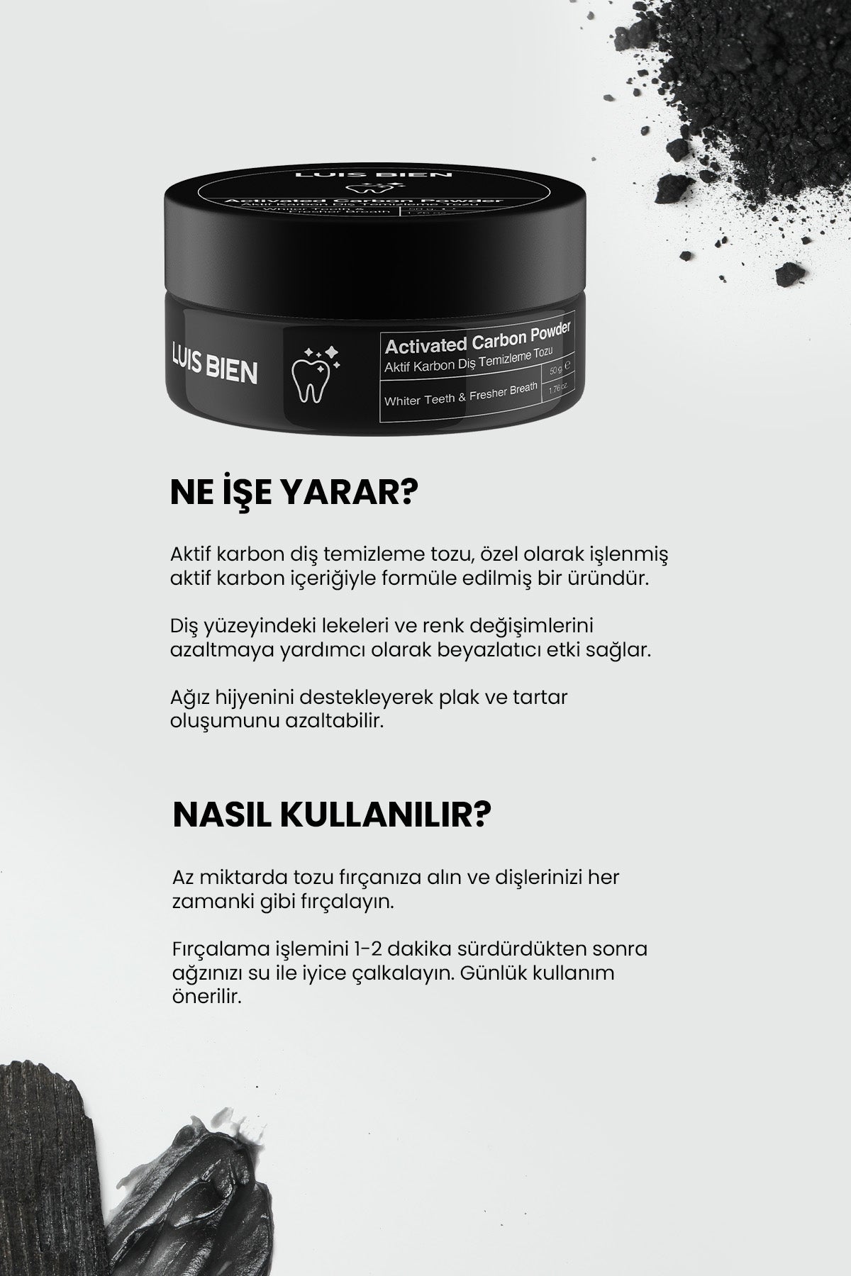 Luis Bien Aktif Karbon Diş Beyazlatma Seti – Macun + Toz + Bambu Fırça