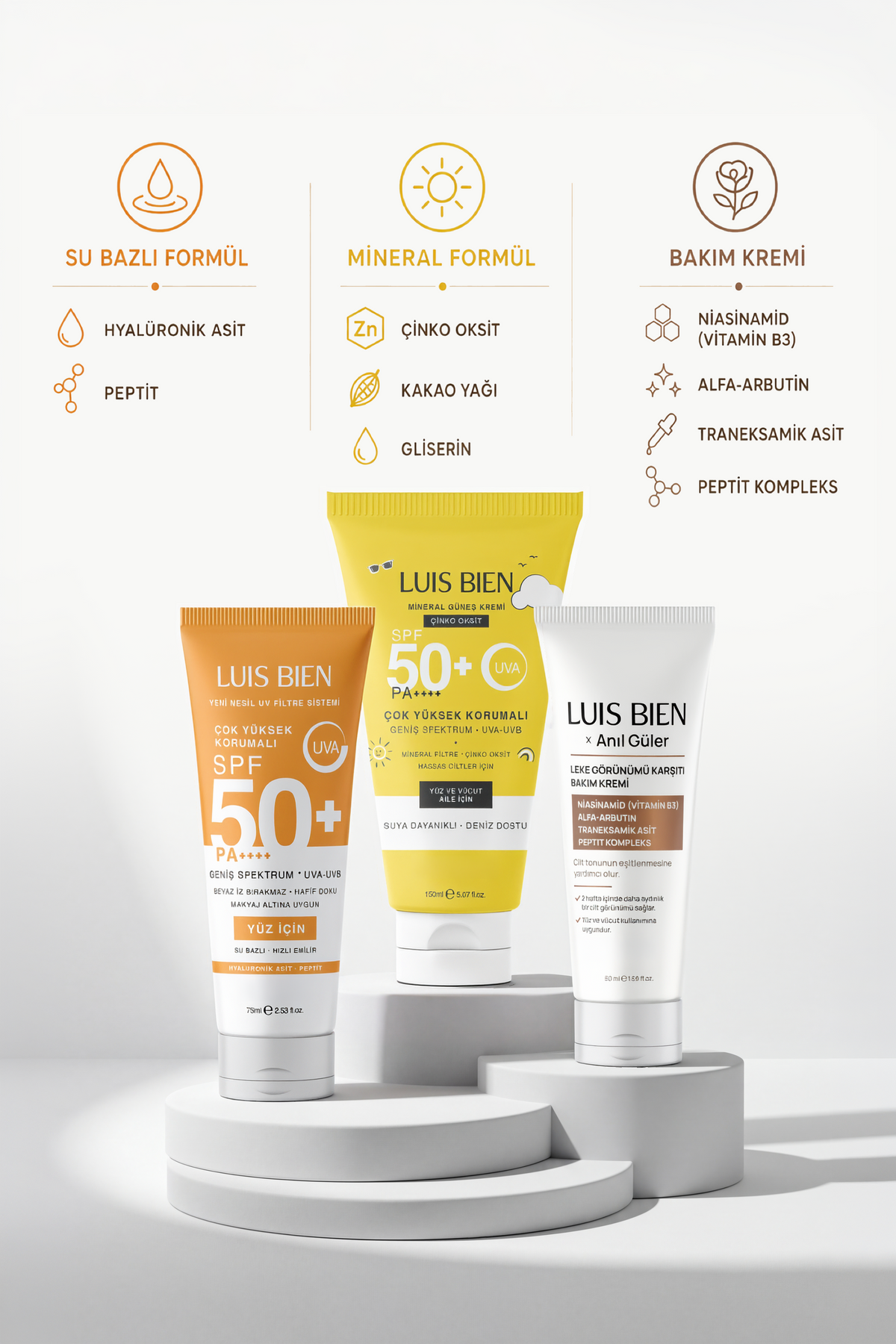 Luis Bien X Anıl Güler 3'lü Komple Set - Su Bazlı Güneş Kremi 75 ml + Çinko Oksit Mineral 150 ml + Leke Karşıtı Krem Spf 50+ Pa++++