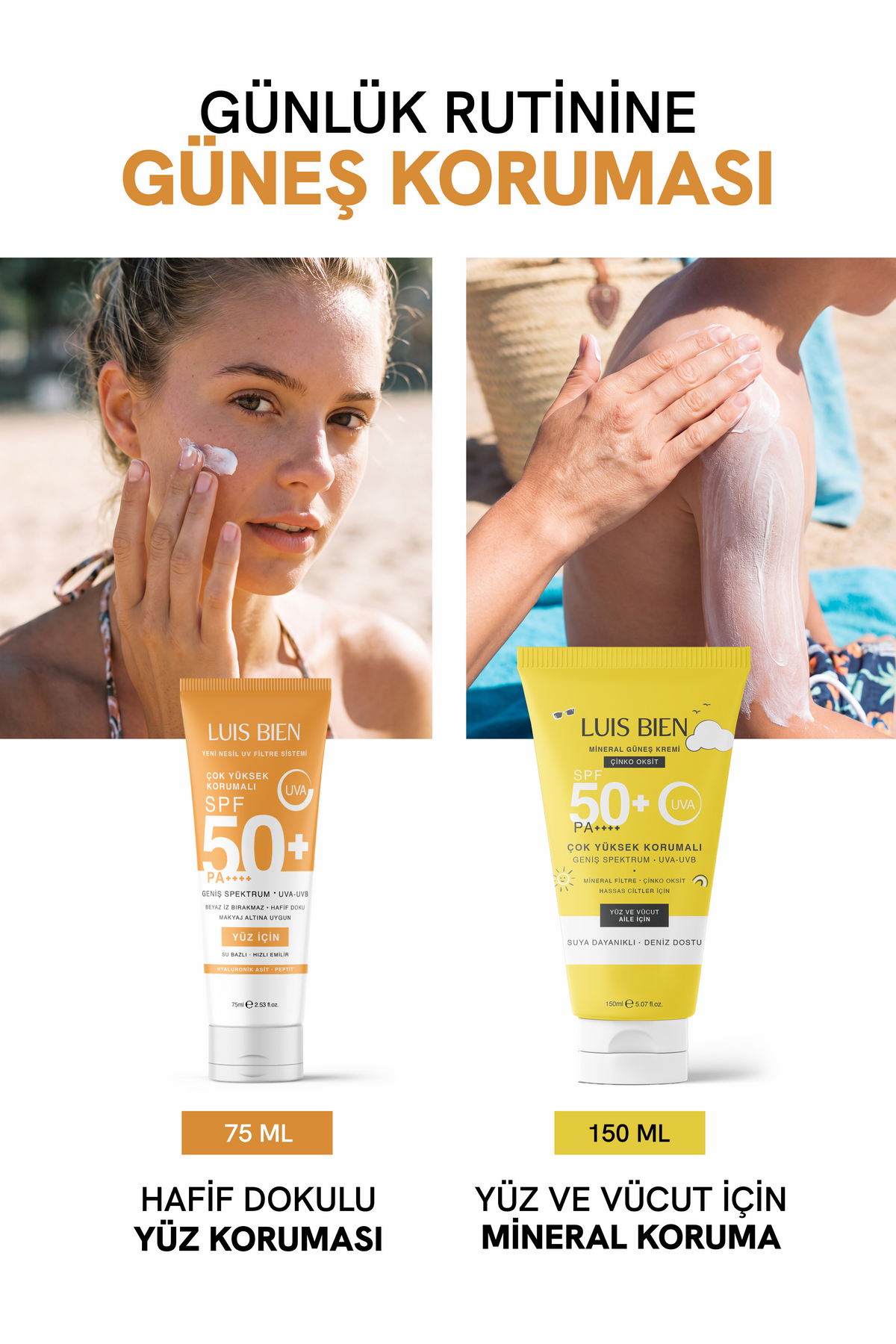 Luis Bien X Anıl Güler Güneş Kremi 2'li Karma Set Spf 50+ Pa++++ Su Bazlı 75 ml + Çinko Oksit Mineral 150 ml