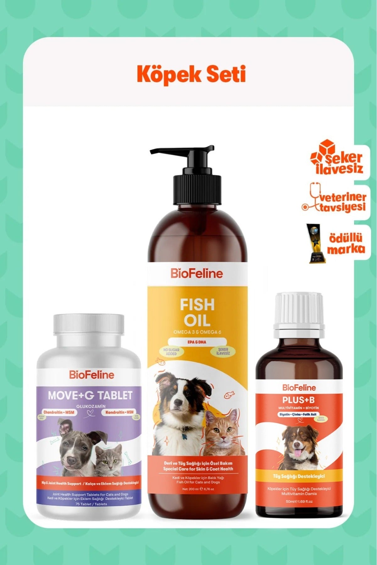 Köpekler İçin Eklem & Tüy Sağlığı Tablet Seti – Omega + Glukozamin | BioFeline
