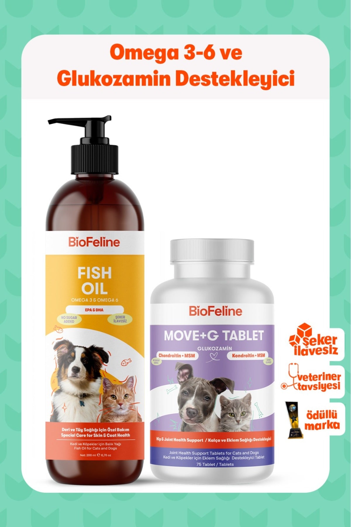 Eklem Sertliği ve Tüy Dökülmesi Azaltıcı Kedi ve Köpekler İçin Omega & Glukozamin Tablet Seti | BioFeline