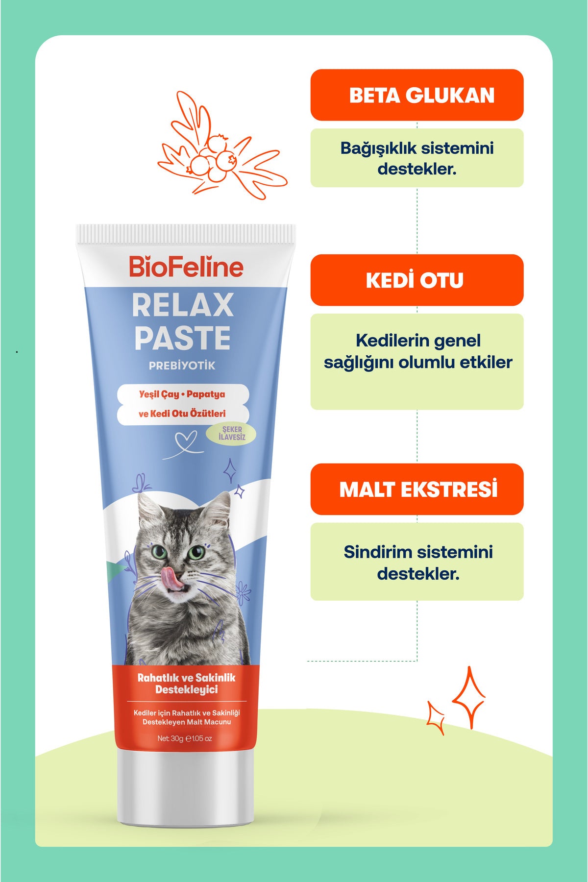 Kediler İçin Sakinleştirici Relax Macunu 30 g – Stres Azaltıcı | Deneme Boy | BioFeline