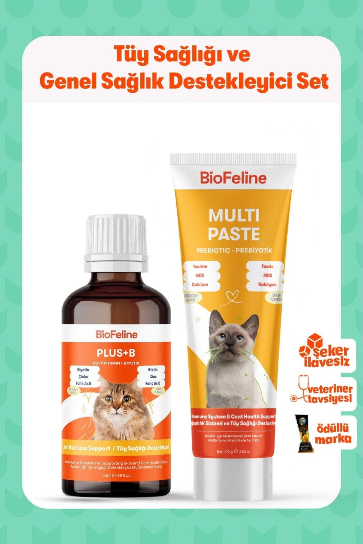Kediler İçin Tüy Dökülmesi Karşıtı Genel Sağlık Seti – Biotin & Çinko & Malt | BioFeline