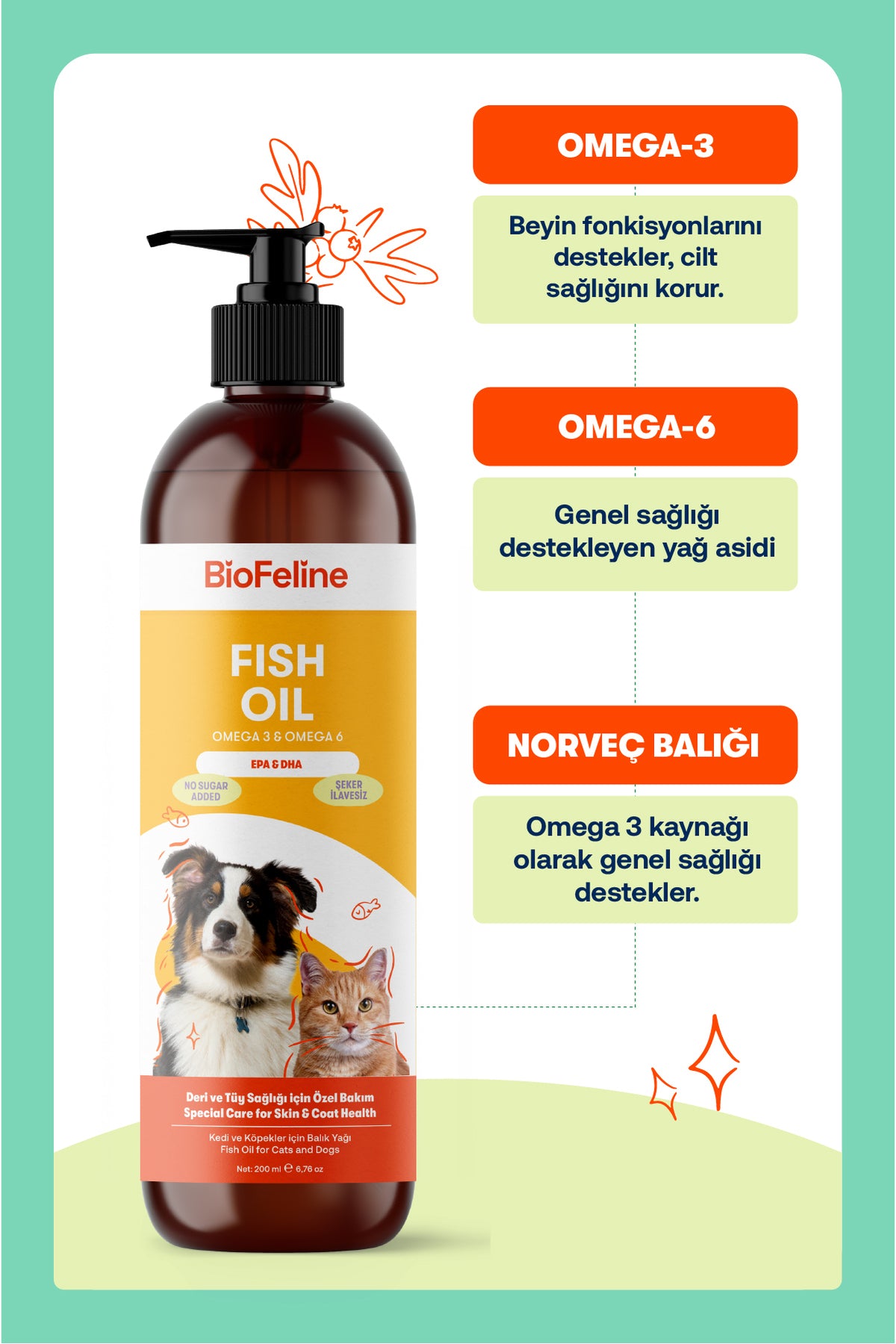 Kedi & Köpekler İçin Balık Yağı + Sıvı Probiyotik Takviye Seti – Omega 3 & Bağışıklık, 200 ml | BioFeline