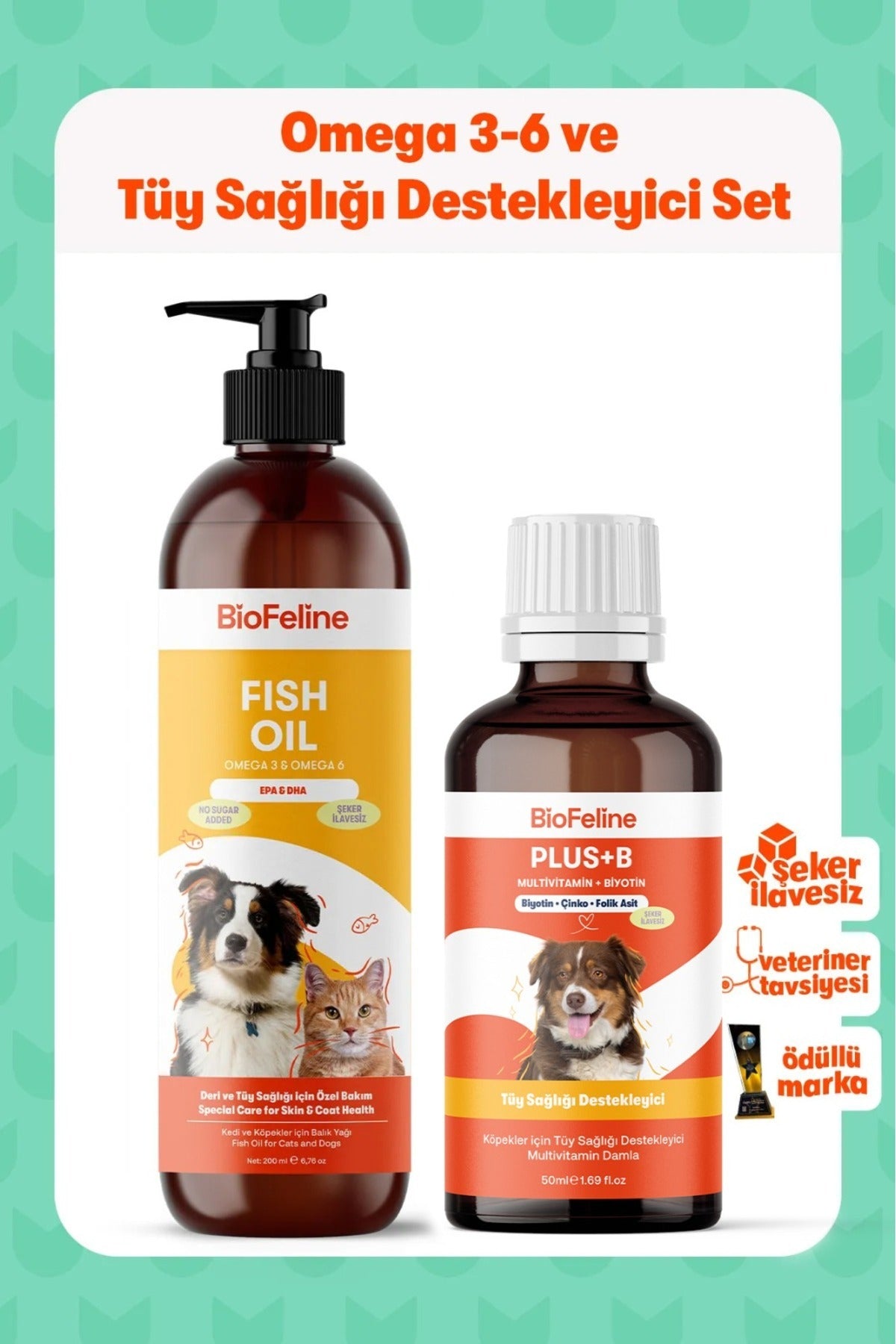 Köpekler İçin Tüy Sağlığı Destek Seti – Omega 3-6 Balık Yağı + Biotin Damla | BioFeline