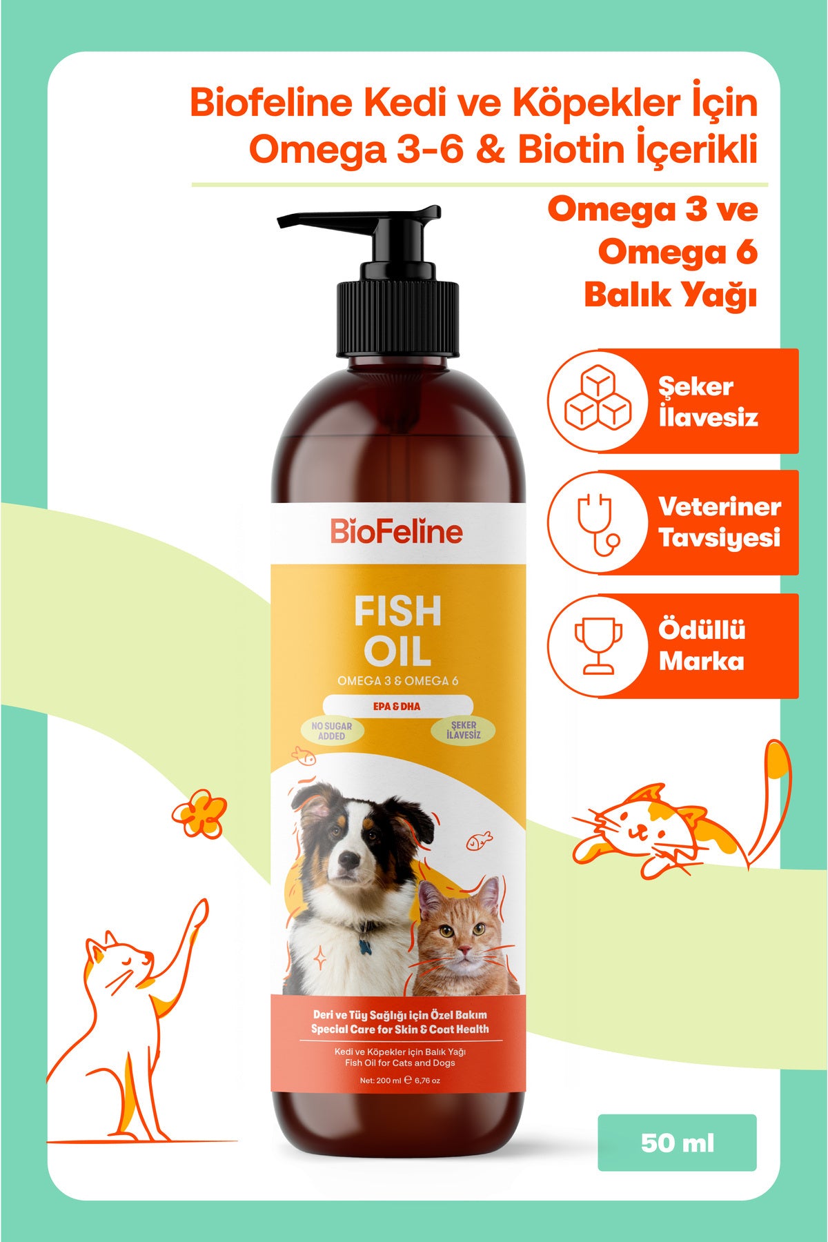 Köpekler İçin Tüy Sağlığı Destek Seti – Omega 3-6 Balık Yağı + Biotin Damla | BioFeline