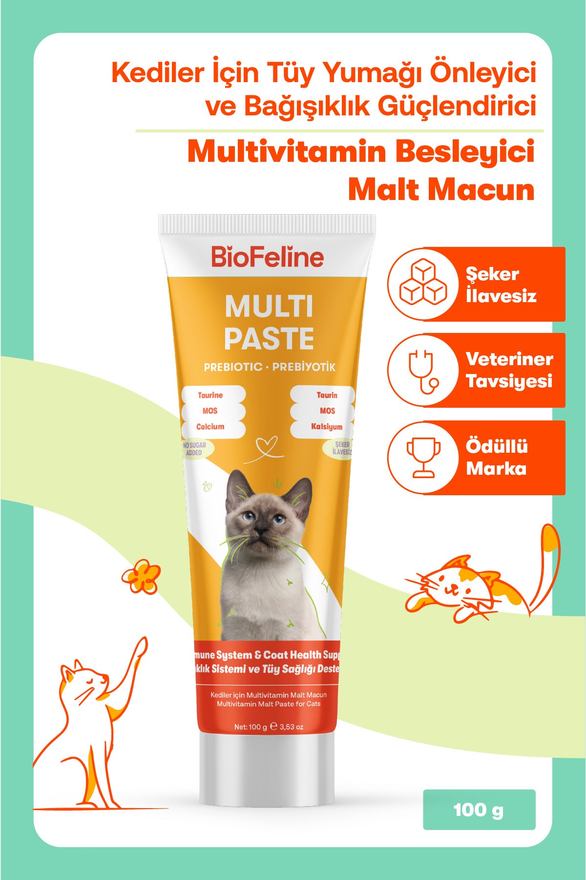 Kediler İçin Tüy Yumağı & Bağışıklık Destek Macunu 100 g | BioFeline