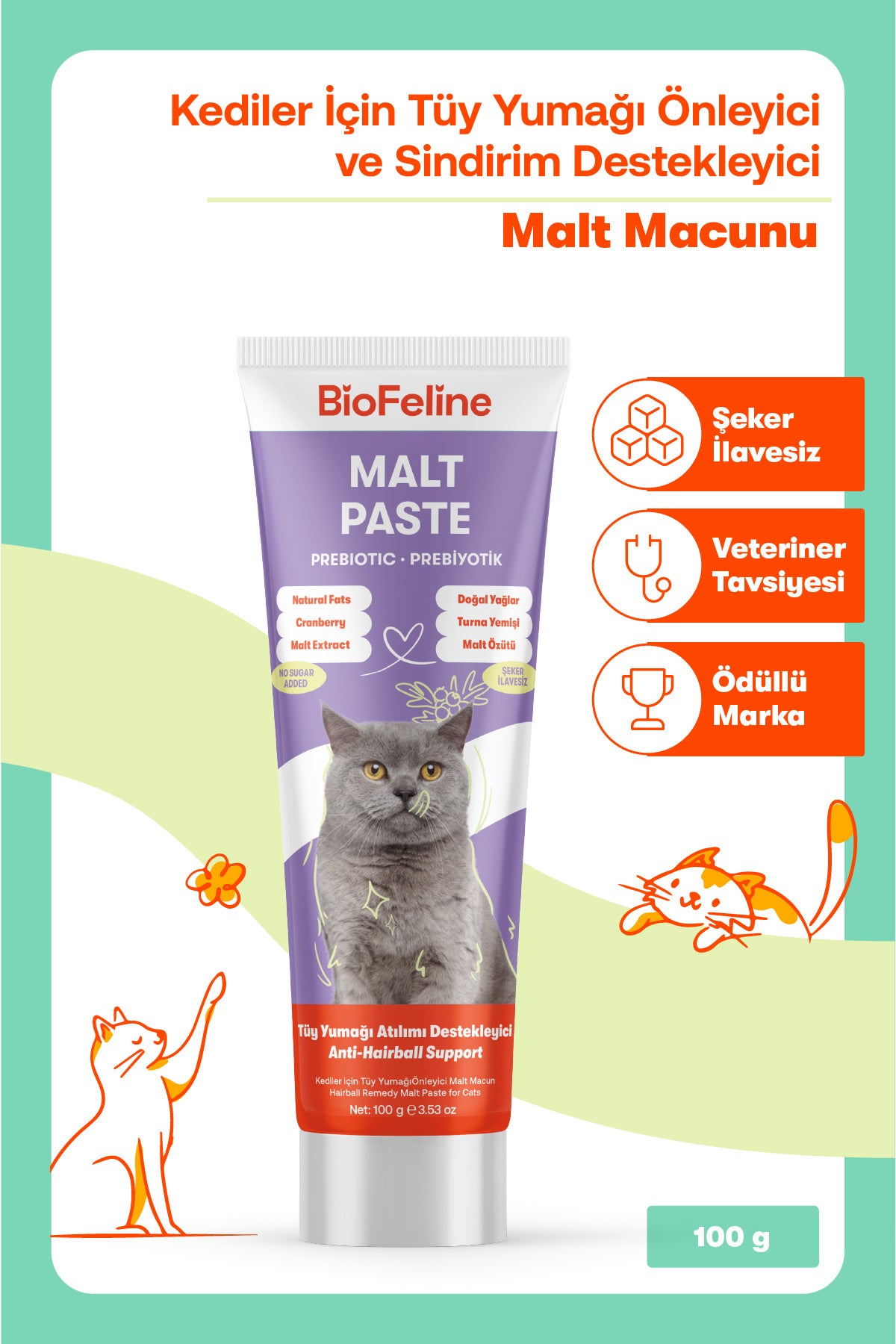 Kediler İçin Tüy Yumağı Önleyici Malt Macunu 100 g | BioFeline