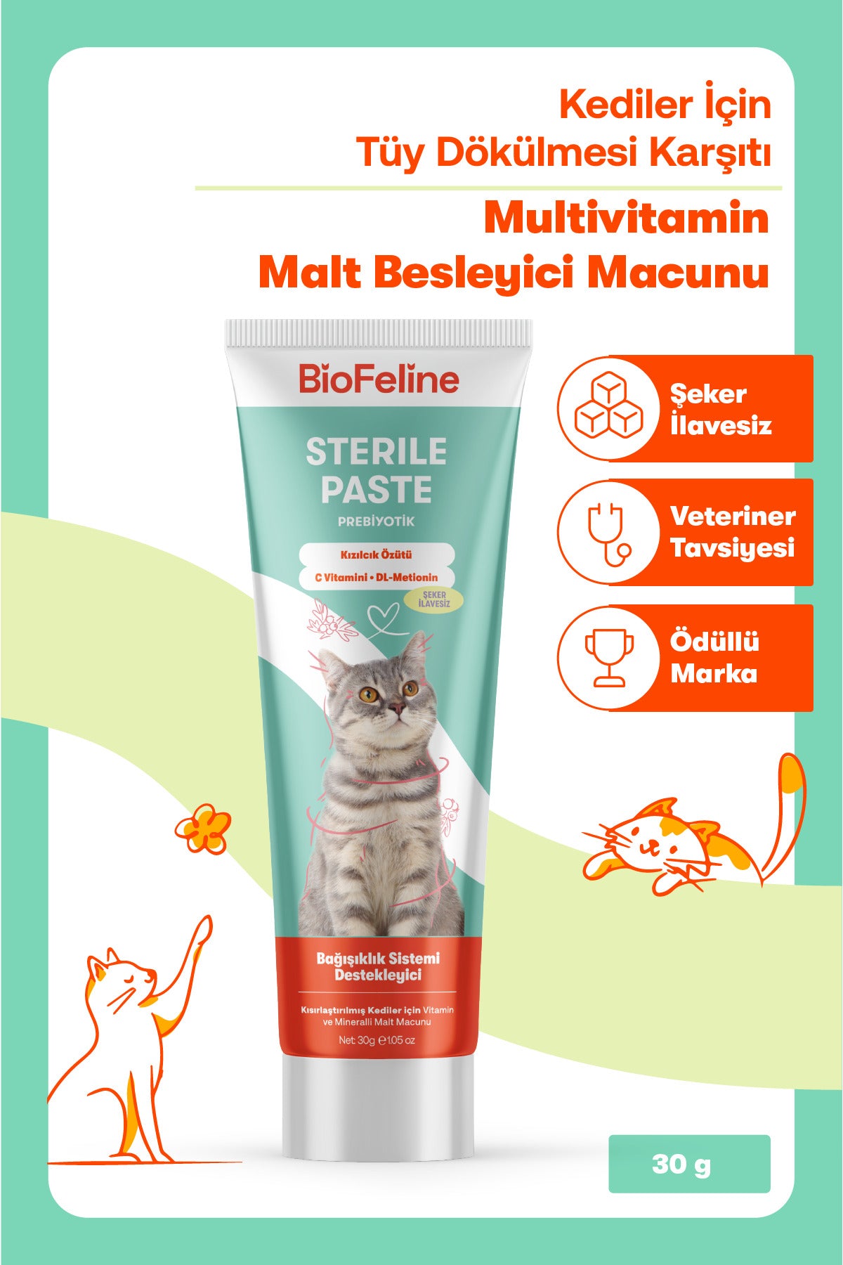 Kısır Kediler İçin Tüy Yumağı & Sindirim Multivitamin Malt Macunu 100 g | BioFeline