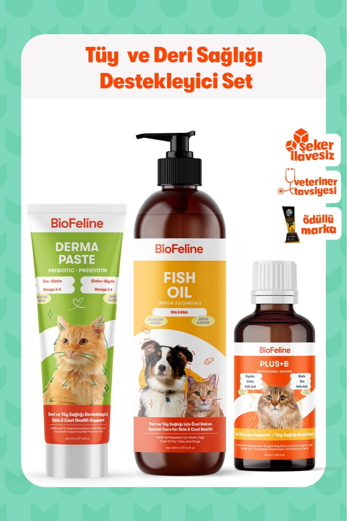 Kediler İçin Yoğun Tüy Dökülmesi Karşıtı Parlaklık Seti – Balık Yağı + Derma Malt | BioFeline