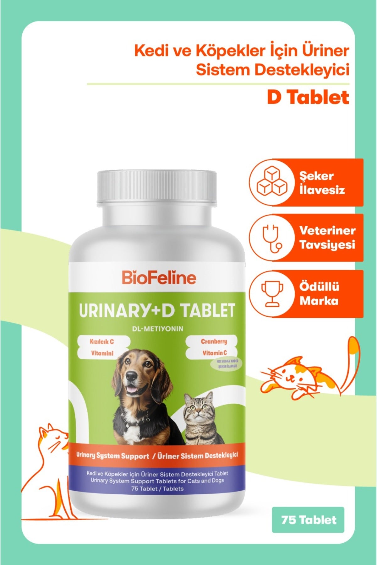 Kedi & Köpek İçin Üriner Destek Tableti – İdrar Yolu Konforu, 75 Adet | BioFeline