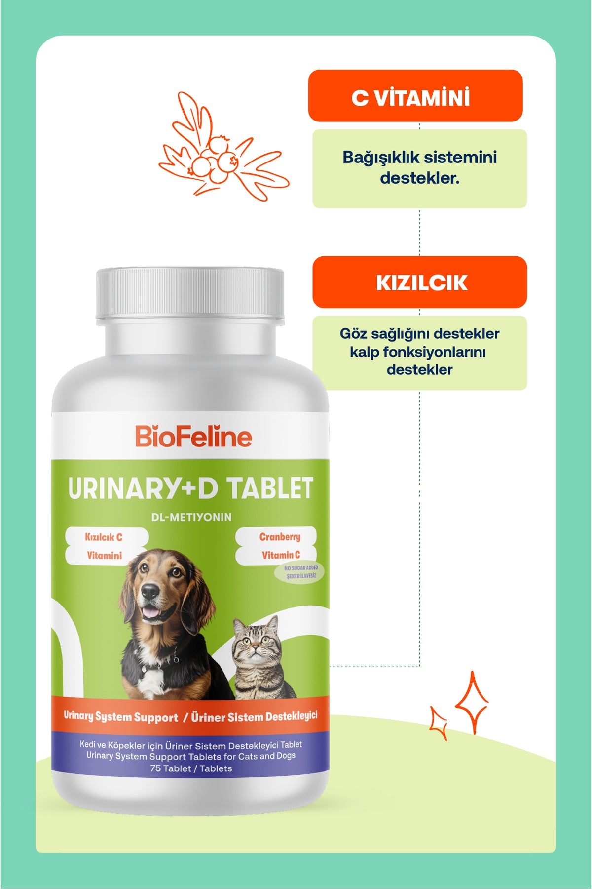 Kedi & Köpek İçin Üriner Destek Tableti – İdrar Yolu Konforu, 75 Adet | BioFeline